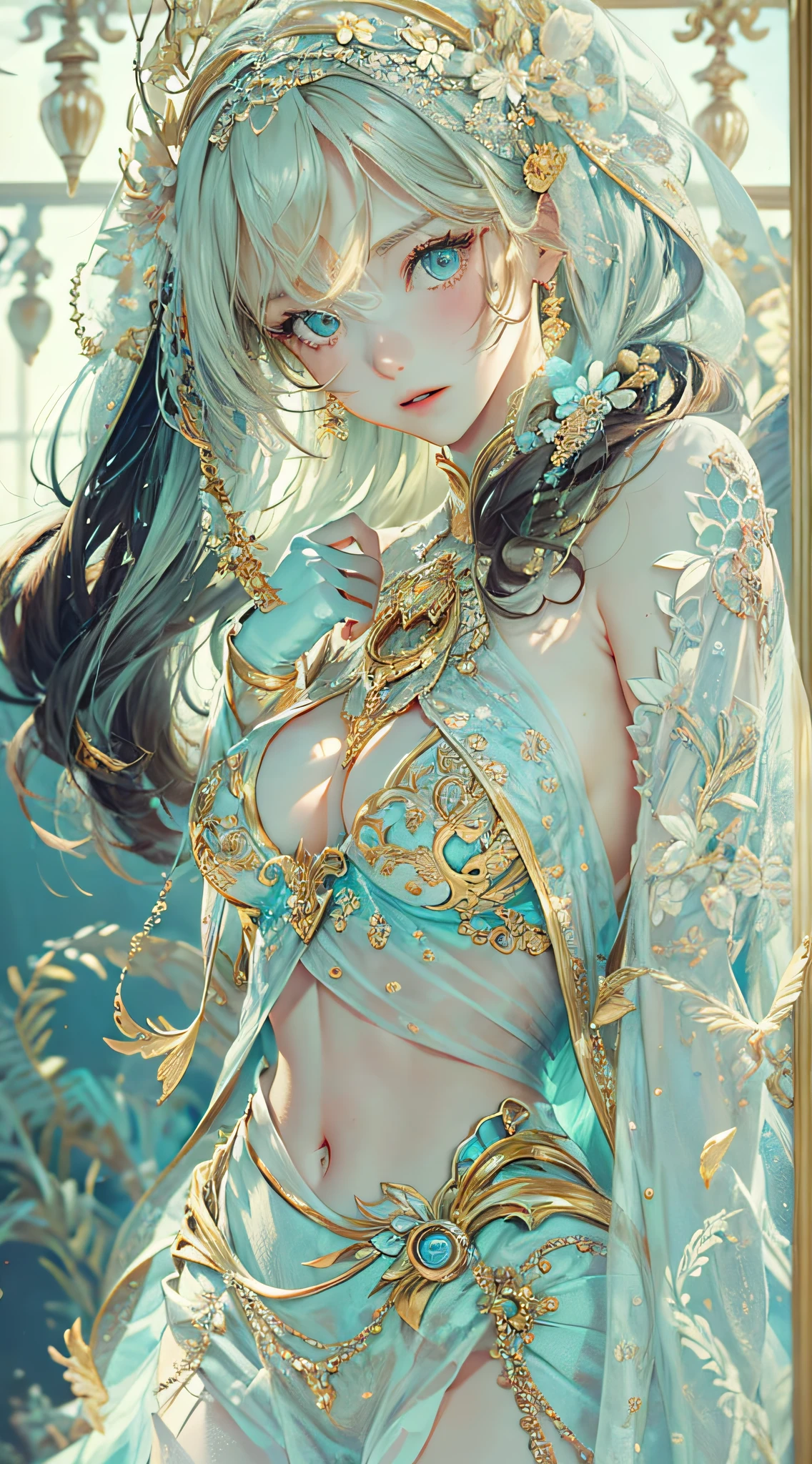 （best qualtiy）， （（tmasterpiece））， 1girll，full-body portraits， Delicate face， looking at viewert， Firm eyes， exposed bare shoulders， breastsout， Um ser celestial， light particules， The halo，the ocean， Full of energy， Colorful colors， （Bio-luminescence）， （Detailed composition）， 电影灯光， （对称：0.5 Girls）， whimsically，