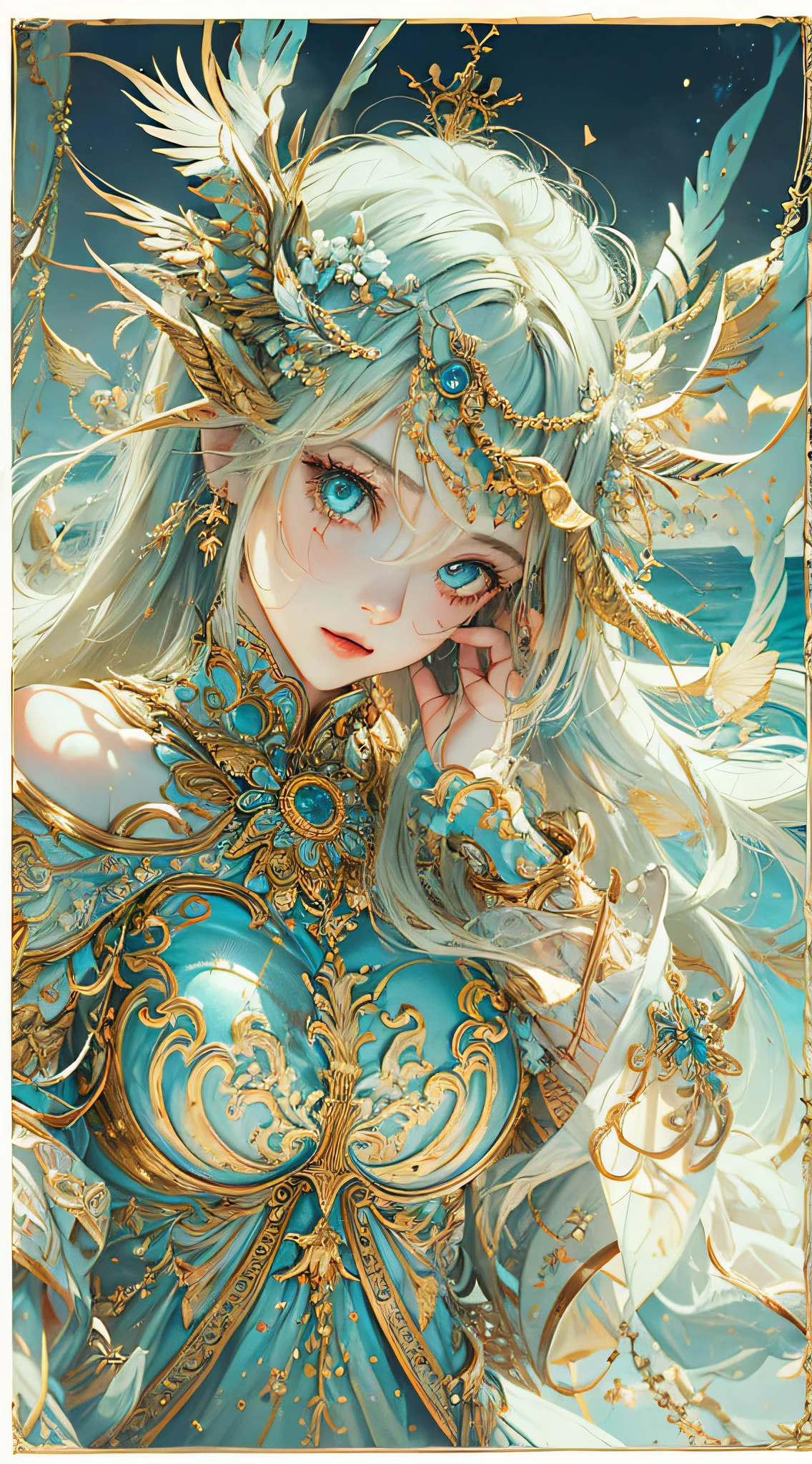 (best qualtiy), ((tmasterpiece)), 1girll,full-body portraits, Delicate face, looking at viewert, Firm eyes, exposed bare shoulders, nedium breasts, Um ser celestial, light particules, The halo,the ocean, Full of energy, Colorful colors, (Bio-luminescence), (Detailed composition), 电影灯光, (对称:0.5 girls), whimsically,