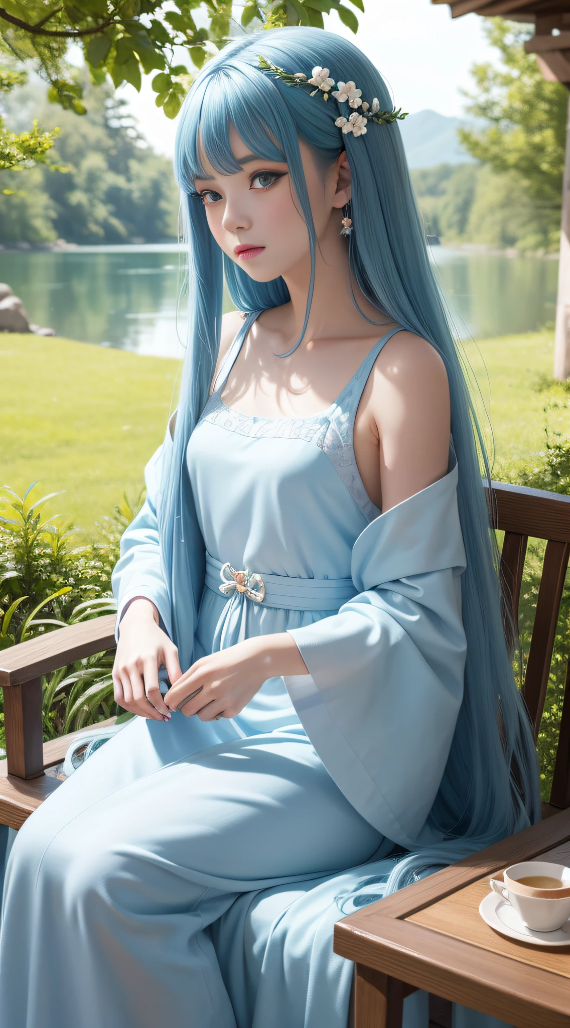 Masterpiece, best quality, official art, 8k wallpaper, highly detailed, illustration, 1 girl, sky blue hair, long hair, detailed eyes, Forrest Gump, bare shoulders, hanfu, lake, pure, soft smile, bamboo, tea