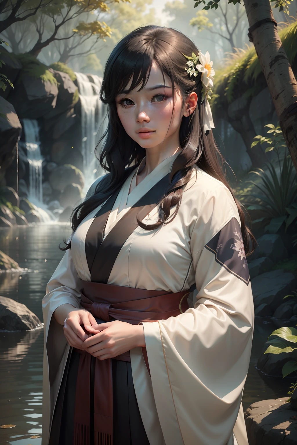 dressed in(Hanfu),sportrait,beautiful face,pretty eyes,do lado de fora,sportrait,Furuya,the trees,flowingwater,Holding a silk fan in his hand,Gaze into the distance,best qualtiy,full bodyesbian,,Hair blackened by the wind,Shots: Rich colors, ultra-realistic, realistic textures, natural lighting, Unreal Engine's trend on the ArtStation CineStill 800,(100mm lens)