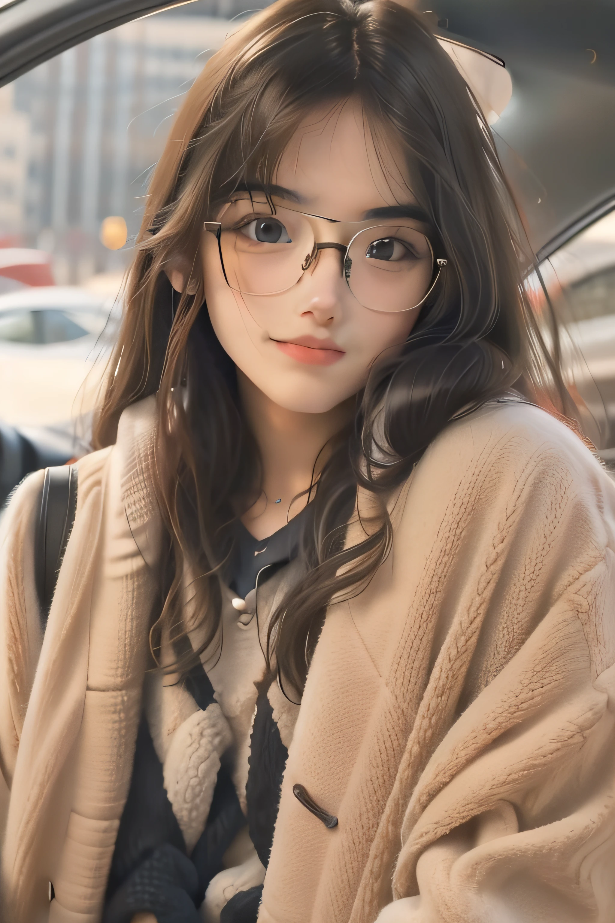 A 20-year-old girl with long hair, glasses, pure appearance, facing the camera
