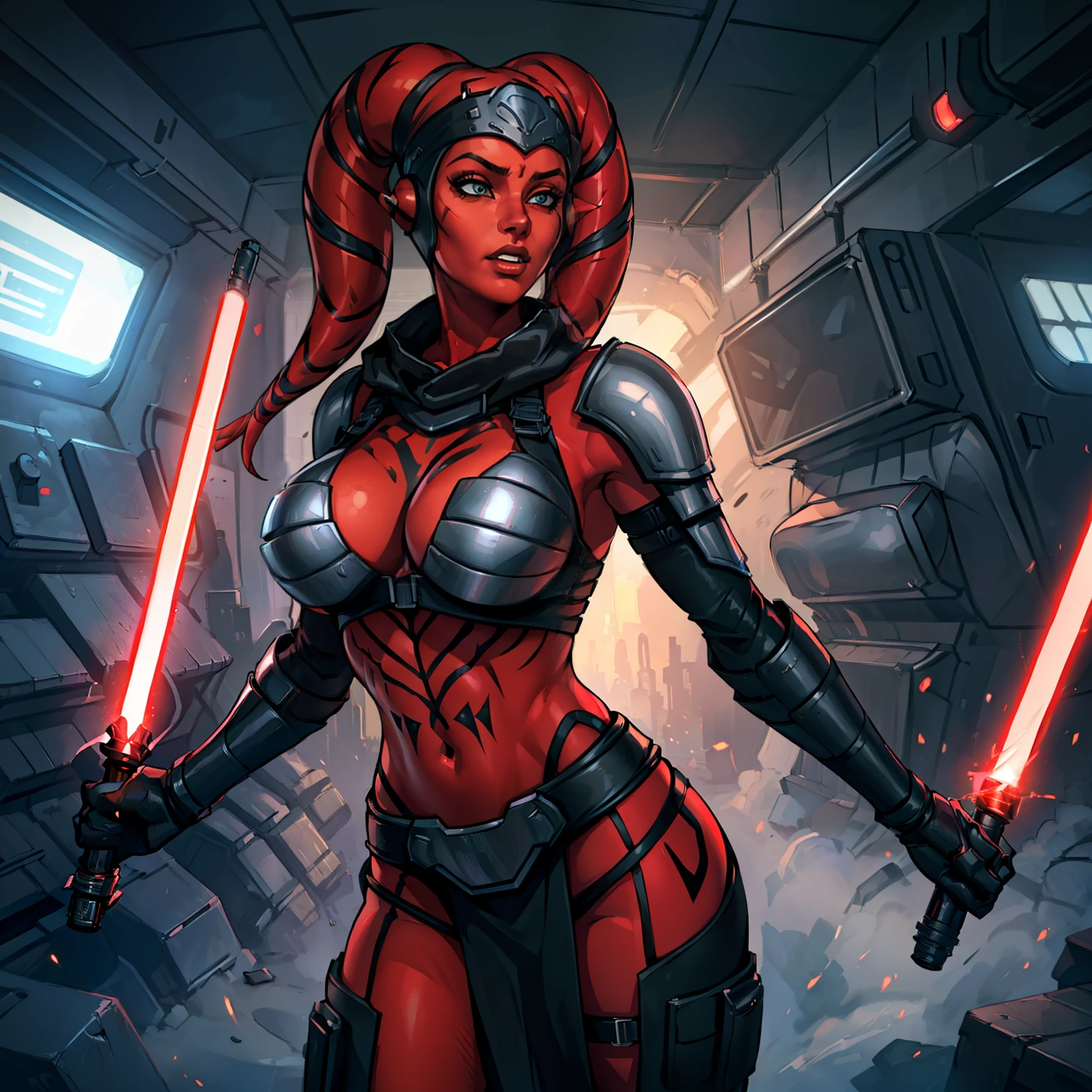 (masterpiece:1.2, best quality:1.2, beautiful, high quality, highres:1.1, aesthetic), detailed, extremely detailed, ambient soft lighting, 4K, perfect eyes, angular face, sharp features, large nose, perfect lighting, 1girl, action scene, lightsaber fighting, lasers, explosions, fire, motion lines, depth of field, masterpiece, best quality, high-definition, armor, busty, ((red skin), twi'lek), dual red lightsabers, evil space knight, space ninja, (wearing black robes, black stealth armor, breastplate, tunic, tabard, cowl, cloak, body glove, straps, buckles, skirts, long sleeves, fantasy, ((armor))), ((busty), slender body, thin, slim sexy body, slim waist, (huge breasts)), Imperial starship, Star Wars,