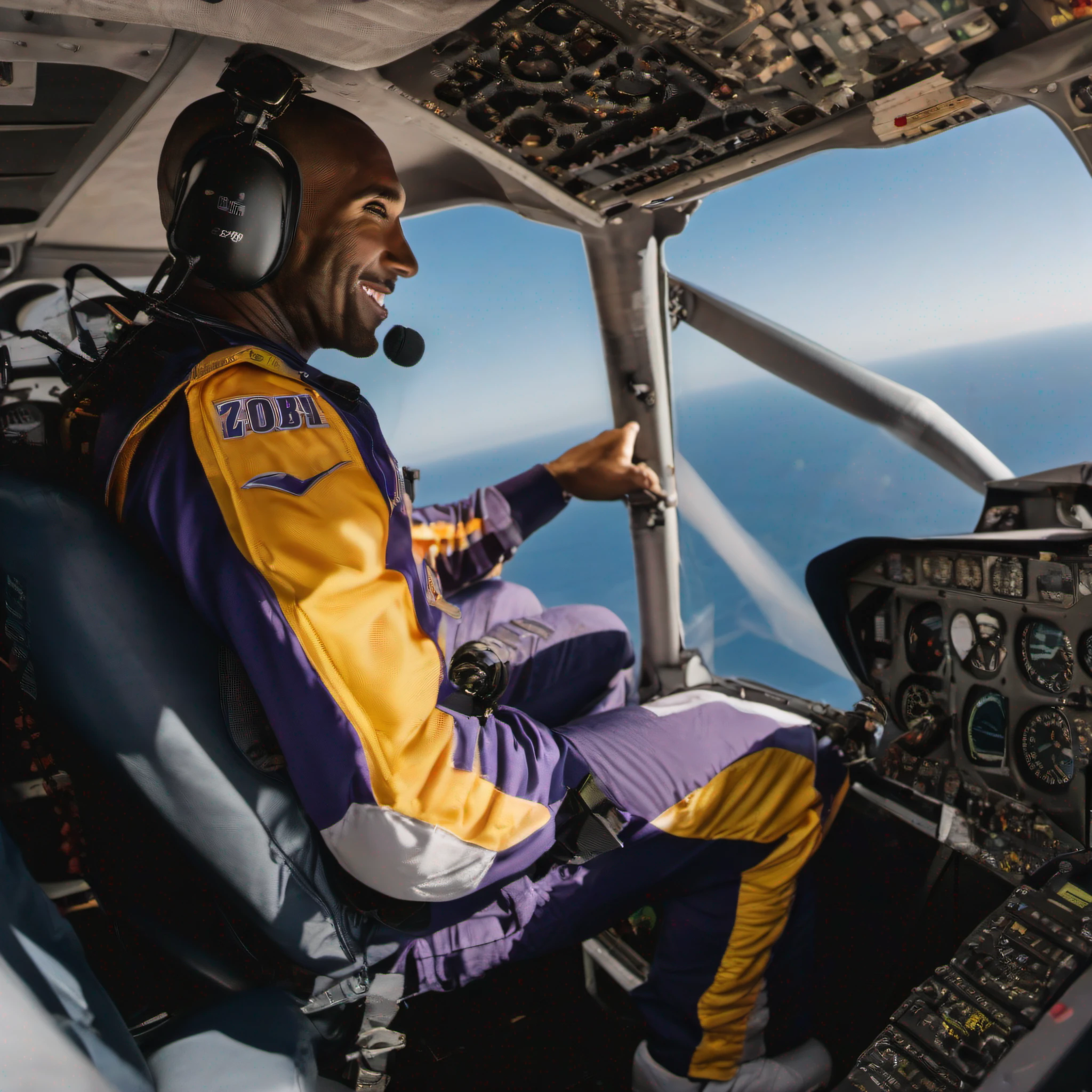 1 helicopter pilot,1. Kobe Bryant, wearing the No. 24 basketball uniform, sits in the helicopter co-pilot, smiling, and hits the helicopter pilot with his elbow