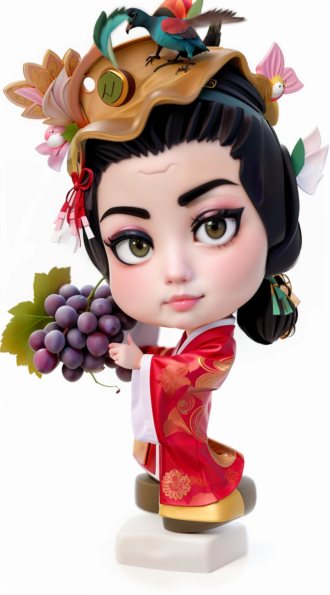A cartoon girl in Chinese costume holds grapes and a bird, inspired by Fujiwara Takanobu, inspired by Takehisa Yumeji, China Princess, chinese empress, inspired by Li Mei-shu, inspired by Park Hua, inspired by Yun Du-seo, Princesa chinesa antiga, inspired by Ju Lian, inspired by Kanō Takanobu