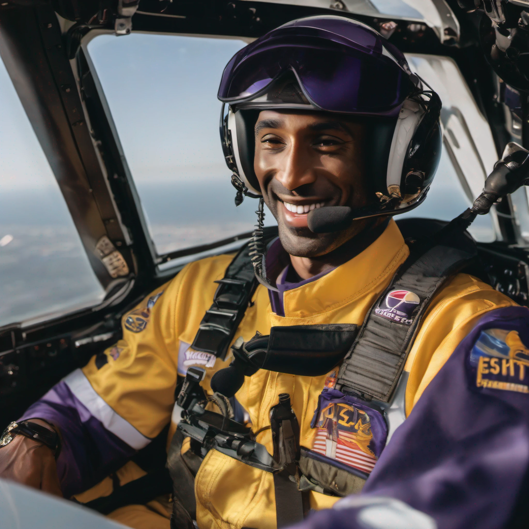 1 helicopter pilot，1. Kobe Bryant, wearing the No. 24 basketball uniform, sits in the helicopter co-pilot, smiling, and hits the helicopter pilot with his elbow