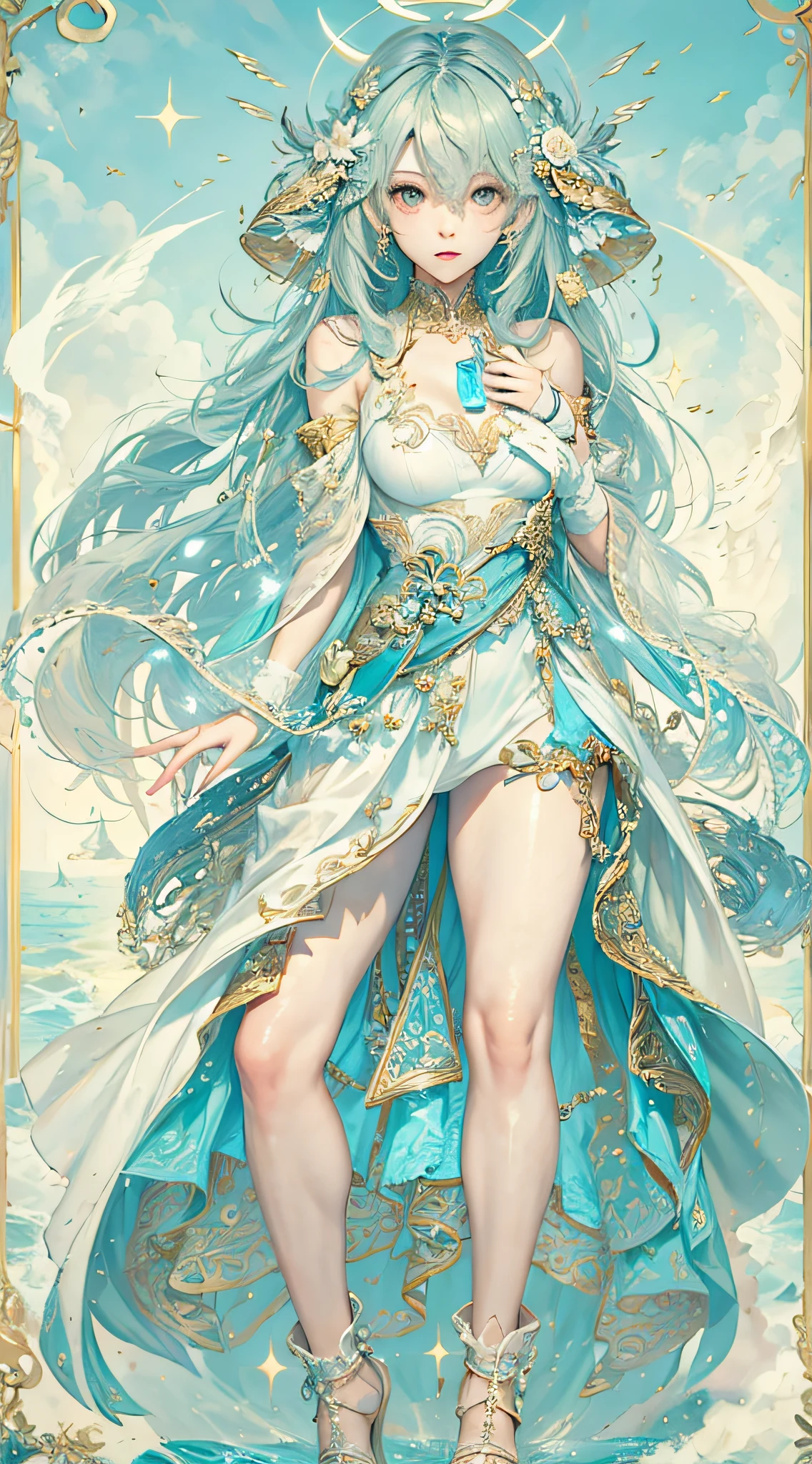 (best qualtiy), ((tmasterpiece)), 1girll,独奏,full-body portraits, Delicate face, looking at viewert, Firm eyes, exposed bare shoulders, nedium breasts, Um ser celestial, light particules, The halo,the ocean, Full of energy, Colorful colors, (Bio-luminescence),(Detailed composition), 电影灯光, whimsically,