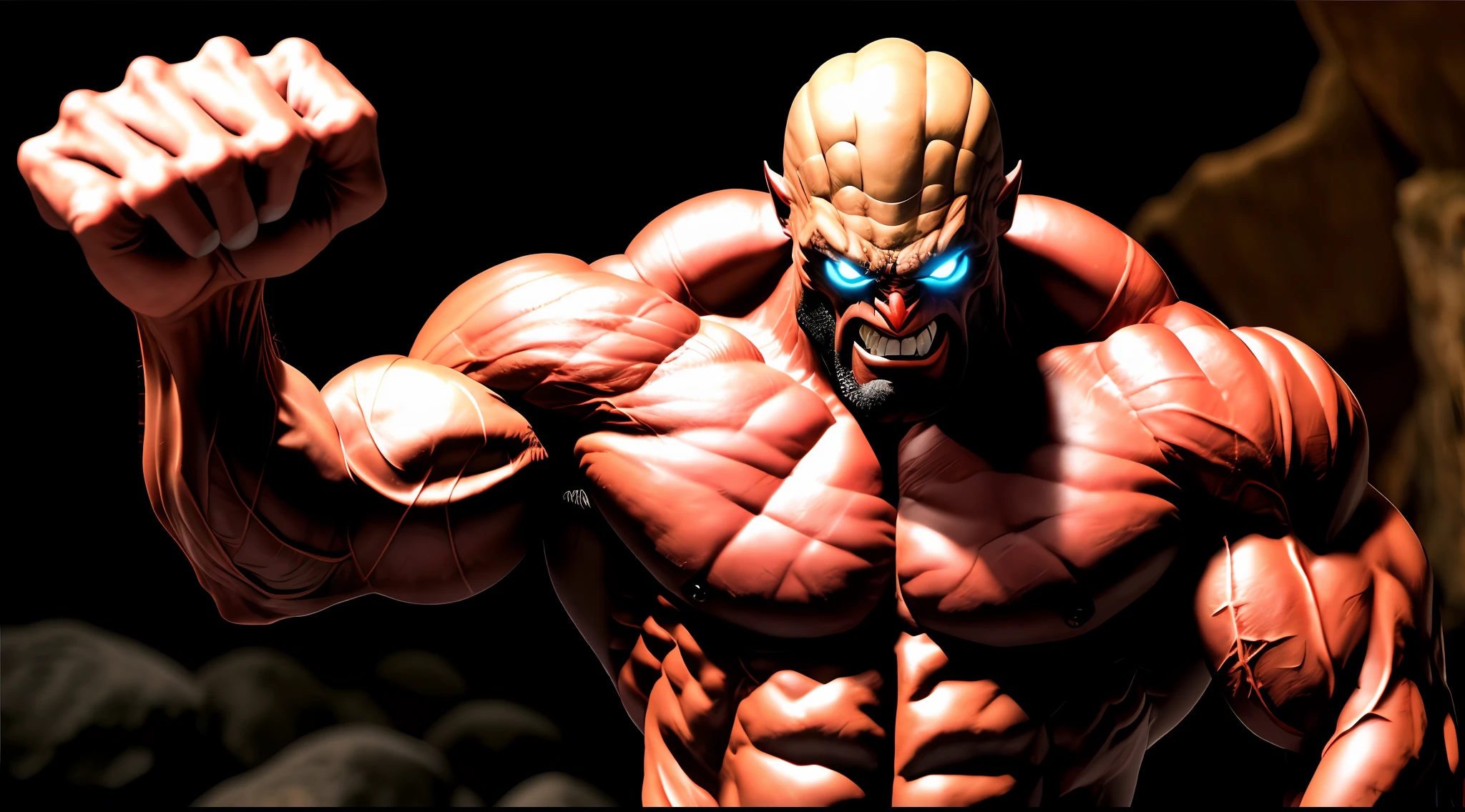 criatura humanoide, monstruo, piel violeta oscura, cerebro expuesto, dientes afilados, large fist-shaped arms, musculatura, Cliff Hill cerca de Cave, muscular character, My Academic Style Hero