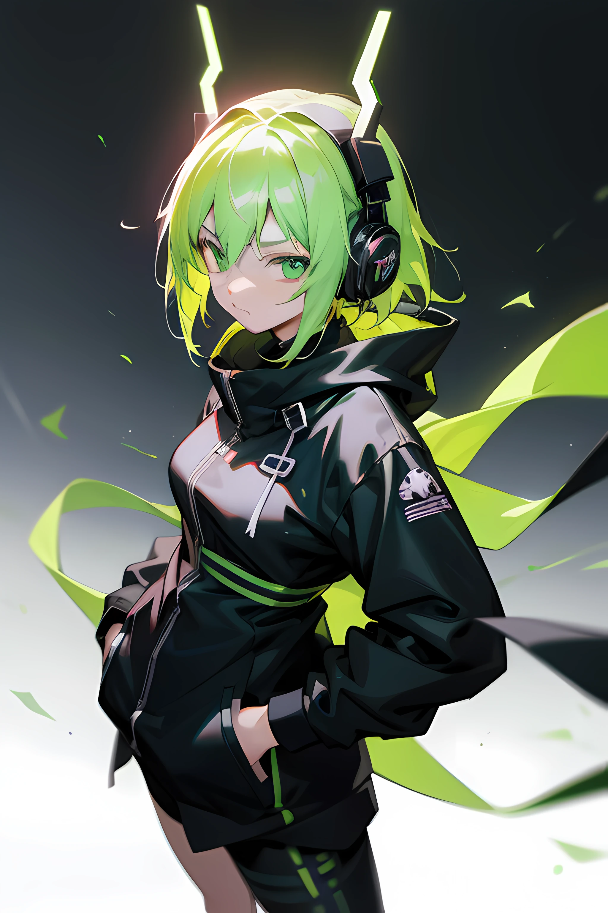 Anime Character with Green Eyes, Headphones and black clothing with green accents. in einem Raum, Bestes Anime 4K Hintergrundbild, Anime-Stil 4 K, Cyberpunk-Anime-Junge im Kapuzenpullover, anime art wallpaper 8 k, anime art wallpaper 4 k, anime art wallpaper 4k, Anime Moe Kunststil, 4k Anime Hintergrundbild, Anime Hintergrundbild 4k, Anime Hintergrundbilder 4k, Badass Anime 8 K