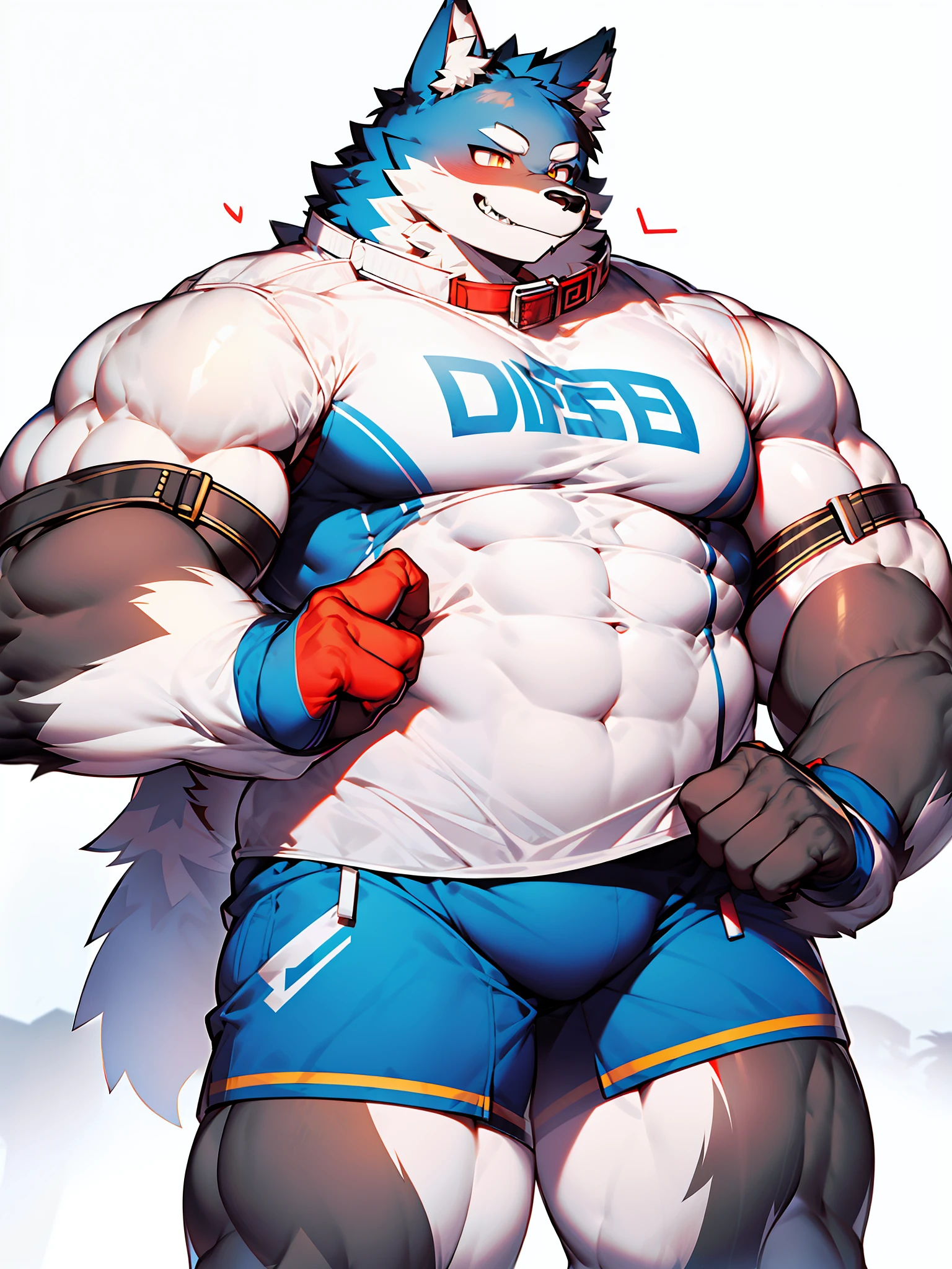 coyote，Furry，Blue-white hair，musculature，Muscle men，nakeness，Strong，ultraclear，Has a large ，Collar，Black  shorts，Black sclera，red pupils，Abs，Yellow coat，The erection，Collar，Has a large ，der riese，tit，Solo，Stout arms，Storm jacket，Badge，Pronounced abs，ssmile，subway station background，Urban style，hold fists,Big Dick，Light blue storm jacket，Red gloves，Red shoes