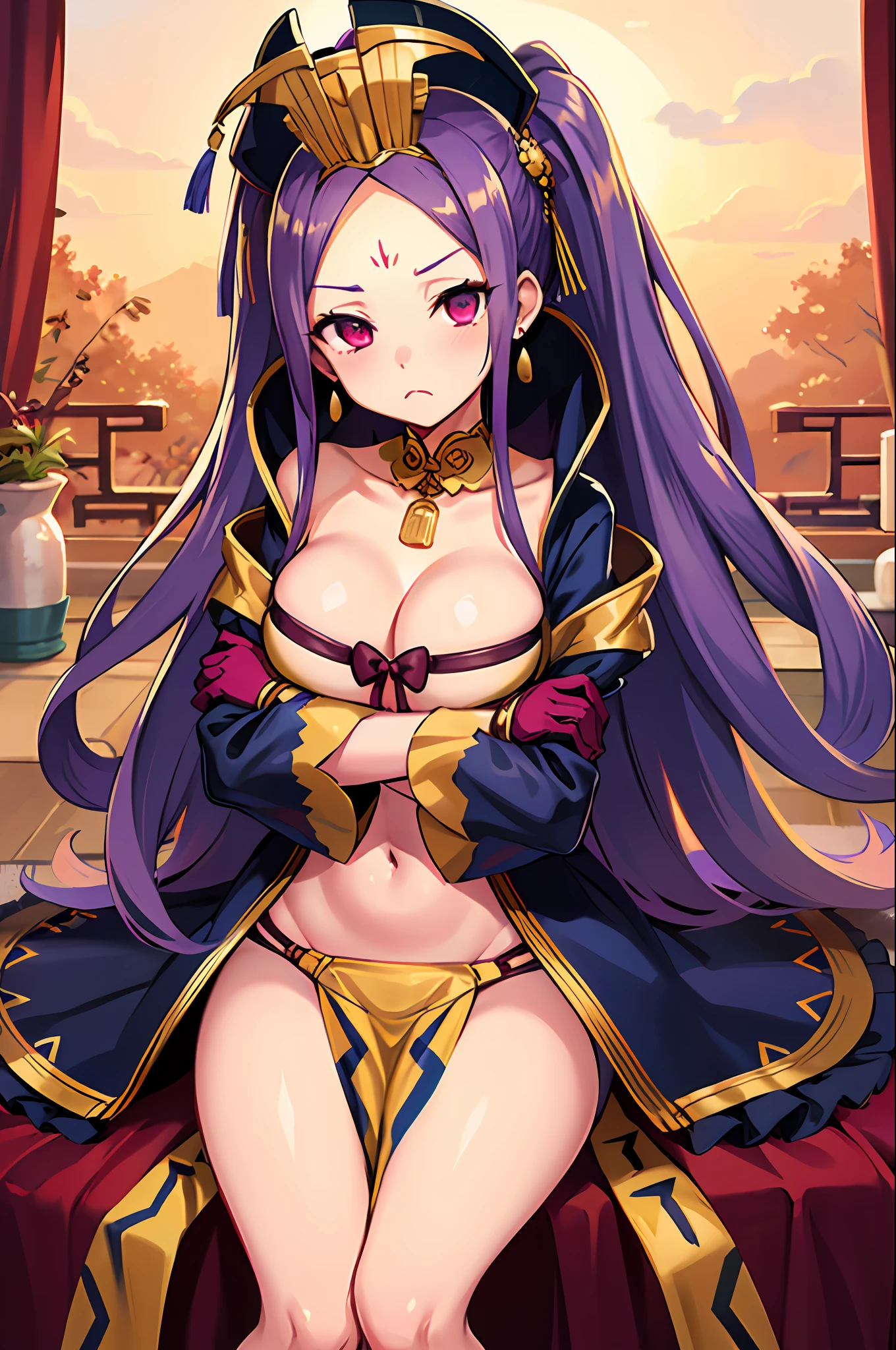 masterpiece, best quality, highres, wz1, twintails, large breasts, forehead mark, pelvic curtain, bow bra, gloves, jewelry, navel, chinese clothes, earrings, crown, wide sleeves, long sleeves, shawl, cowboy shot, crossed arms, frown, sitting,