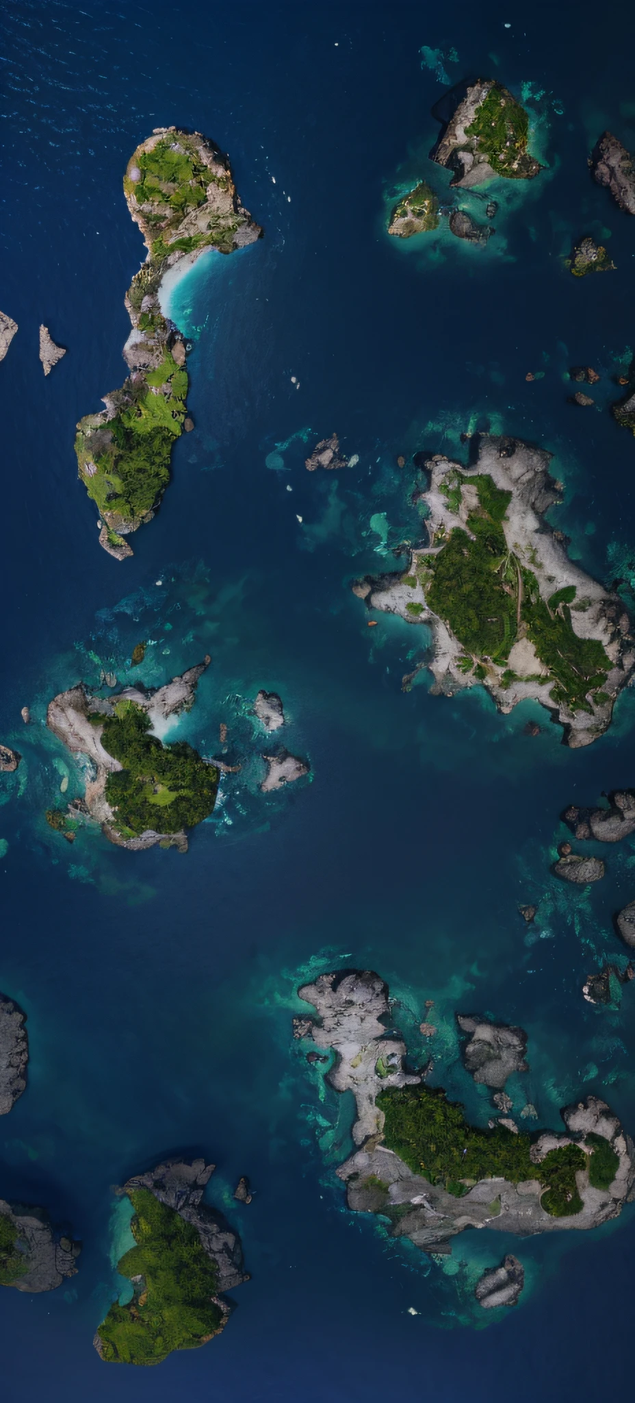 Aerial view of Alfed，A group of islands located in the ocean, scattered islands, two medium sized islands, epic matte painting of an island, game map matte painting, steam workshop maps, Island background, many islands, detailed photo of virtual world, looking from above, an exquisite 3 d map, mid-air, Quarksel textures, hyperdetailed 3d matte painting
