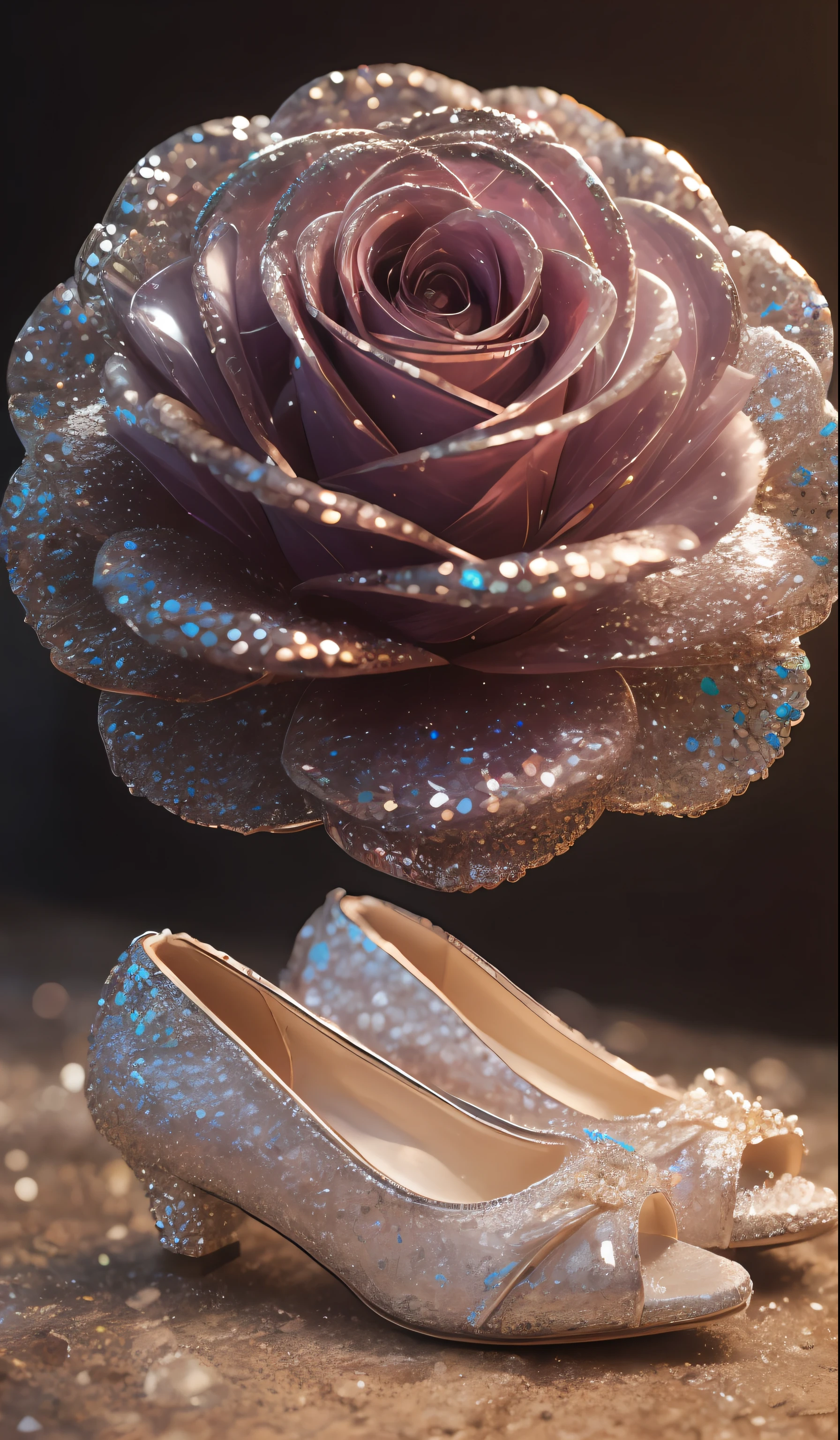 Crystal shoes and crystal roses, fanciful, galaxias, cleanness, glittery, glittery, Splendor, Colorful, Amazing photography, dramatic lighting, photo-realism, ultra - detailed, 4K, depth of fields, A high resolution
