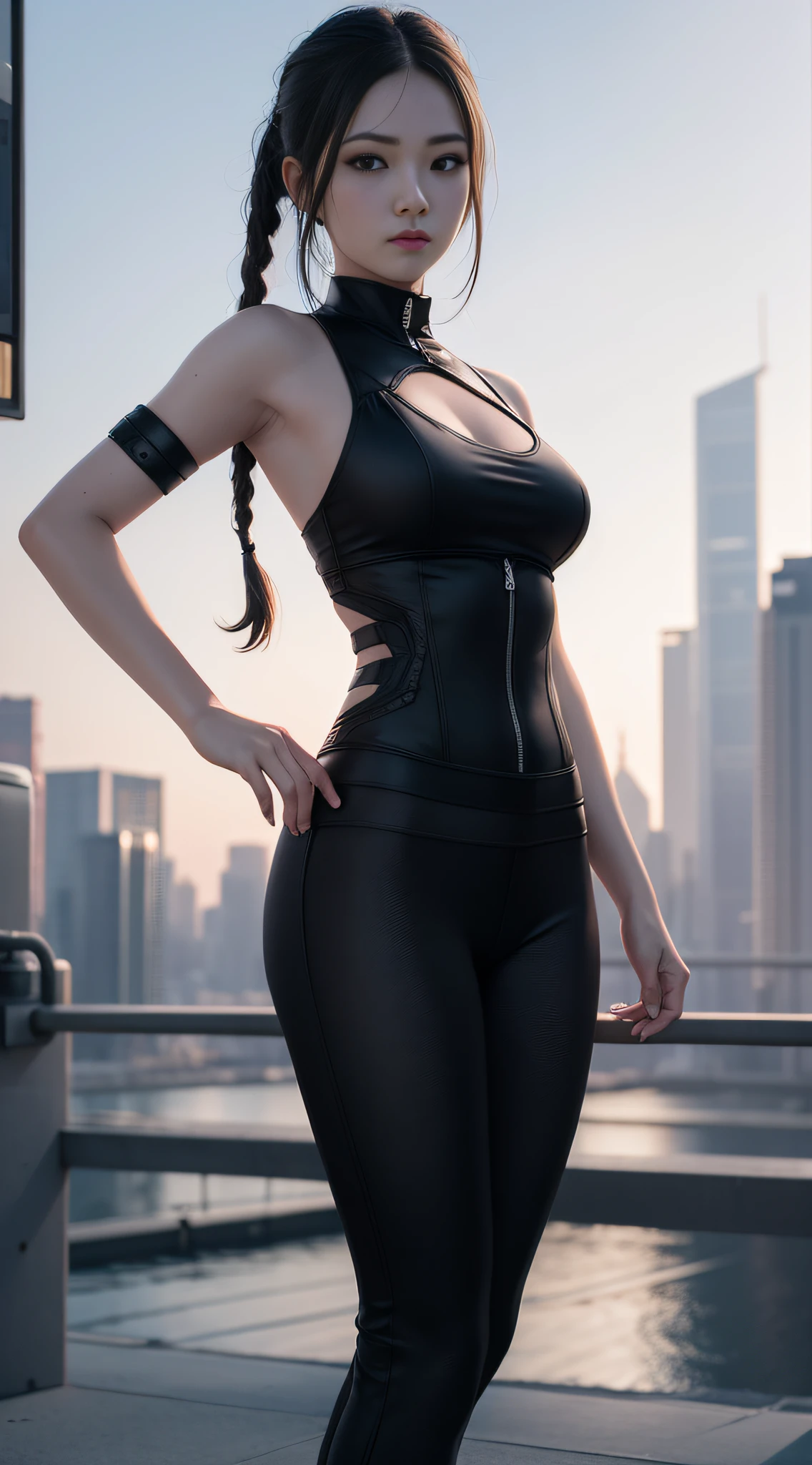 ((best qualtiy)), ((tmasterpiece)), (the detail:1.4), 3D girl, A beautiful cyberpunk female image,hdr（HighDynamicRange）,Ray traching,NVIDIA RTX,Hyper-Resolution,Unreal 5,Subsurface scattering、PBR Texture、post-proces、Anisotropy Filtering、depth of fields、maximum definition and sharpness、Many-Layer Textures、Albedo e mapas Speculares、Surface coloring、Accurate simulation of light-material interactions、perfectly proportions、rendering by octane、Two-colored light、largeaperture、Low ISO、White balance、the rule of thirds、8K raw data、1girll，City park shooting，Tilt view，full bodyesbian；1.5，Twist braids，vests，shorter pants，