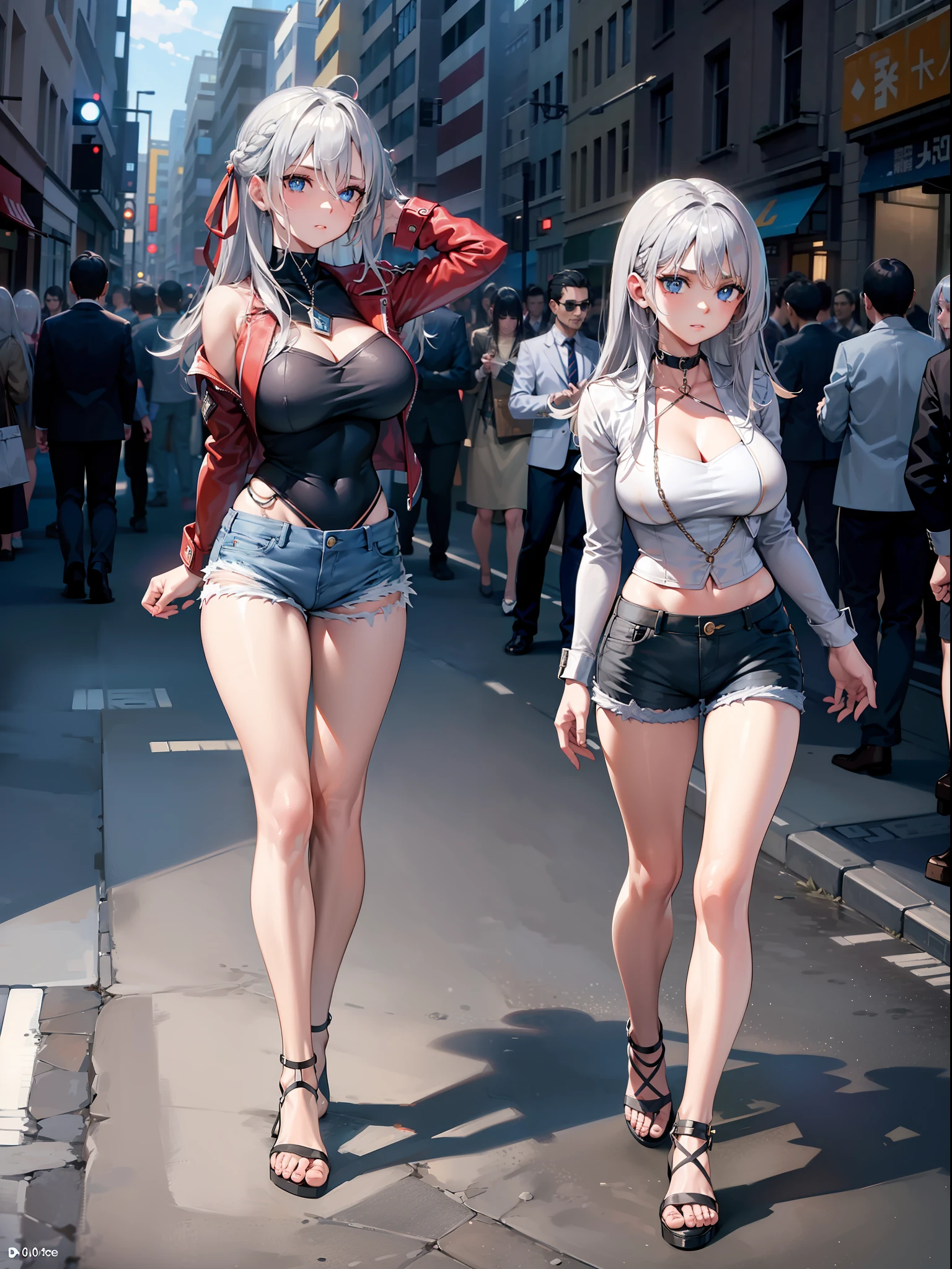 huge breast)),long hair,((silver hair,blue eyes)), daylight, sunlight, (perfect body : 1.0), collar, chain, full body shot, crowded street, wearing black tanktop, jeans jacket, ((shorts)),(masterpiece), (best quality:1.0), (ultra highres:1.0), beautiful lighting ,perfect lightning, realistic shadows, [highres], detailed skin, ultra-detailed,arms behind head,anime style,(detailed eyes;1,1),(detailed face,1,2),((pretty face1,2))