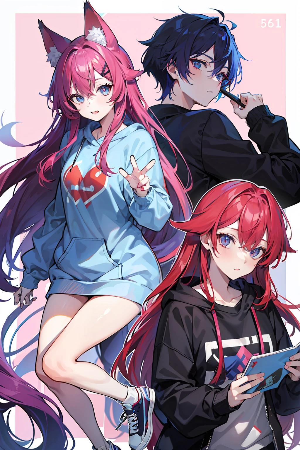 Kizi，Rosy red purple hair，blueneyes，fox ear，modern attire，full bodyesbian，Blue sweatshirt，long whitr hair，Qi bangs，Set the chart，Handsome