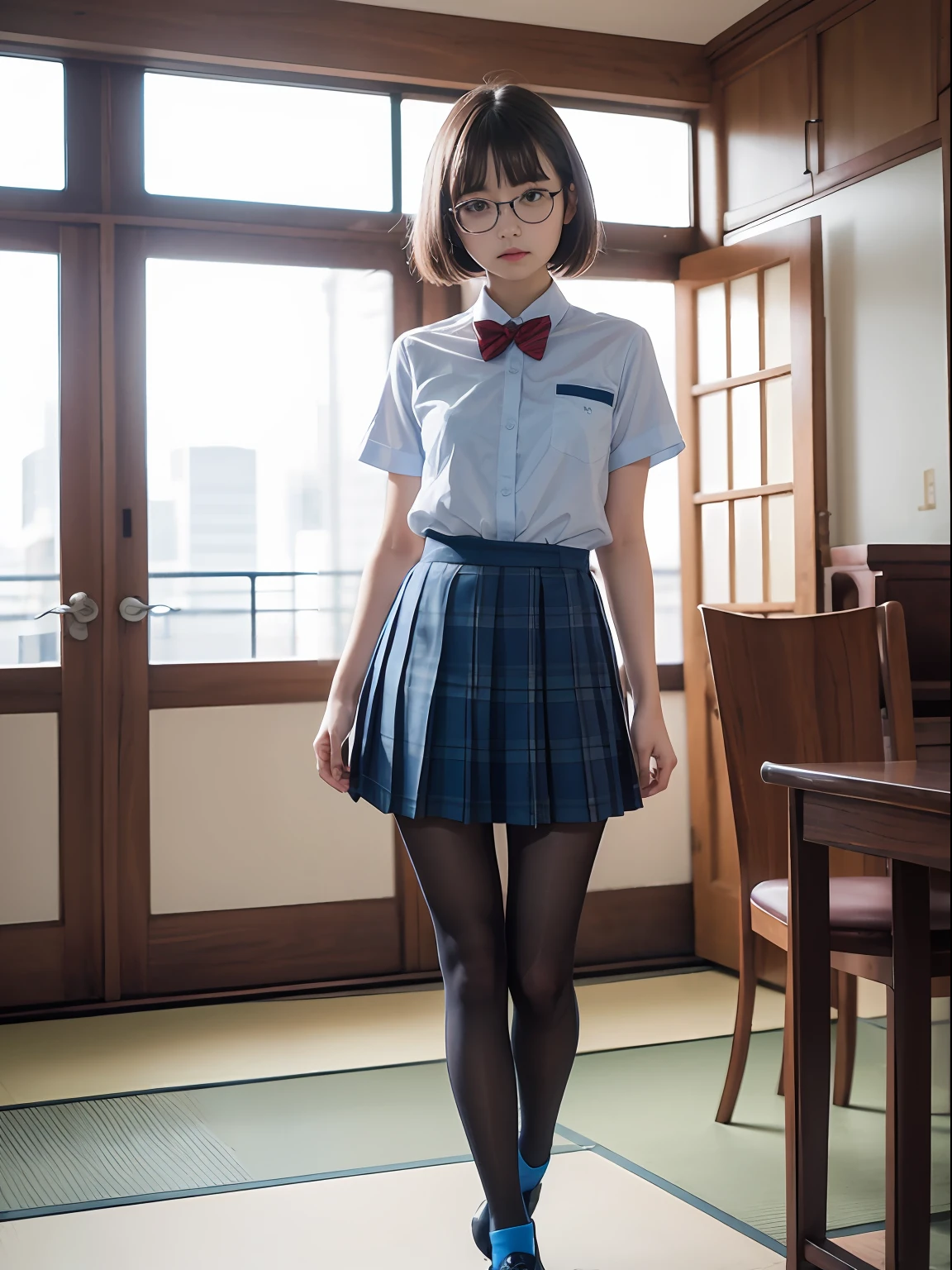 （8K、Raw photography、top-quality、​masterpiece：1.2),de pele branca,kne,(Black pantyhose),absurderes,a small face,small tits,flat breast,Parting the bangs from the middle、Forehead visible,(Tight eyes,glares,Bullish,skinny,Rasping,irate)、​masterpiece,top-quality、超A high resolution,Raw photo,ren,Beautiful fece,One Person, 独奏,eye glass,,Dark look,Small breasts,fullllbody,Round glasses、cute little、JK school uniform,hi-school girl,A Japanese Lady,is standing,（Photorealsitic：1.37）、Photon mapping,Light blue ribbon,Realistic、Cute little face,Brown-eyed、Black socks、(Red bow tie)、Radio City、Physically Based Rendering、Foreground、depth of fields、Blurry background、a picture,The girls、Body,beauty legs, Long legs, Thin leg,Long bob cut,(Bangs are visible), hair, s lips, Blue_The eye, nosesoft,(Light blue shirt), (Navy and blue and white plaid pleated skirt), Knees are visible,Sheer clothing,, Thigh, Black cotton socks,Nogizaka Idol, 女優, Japanese ido