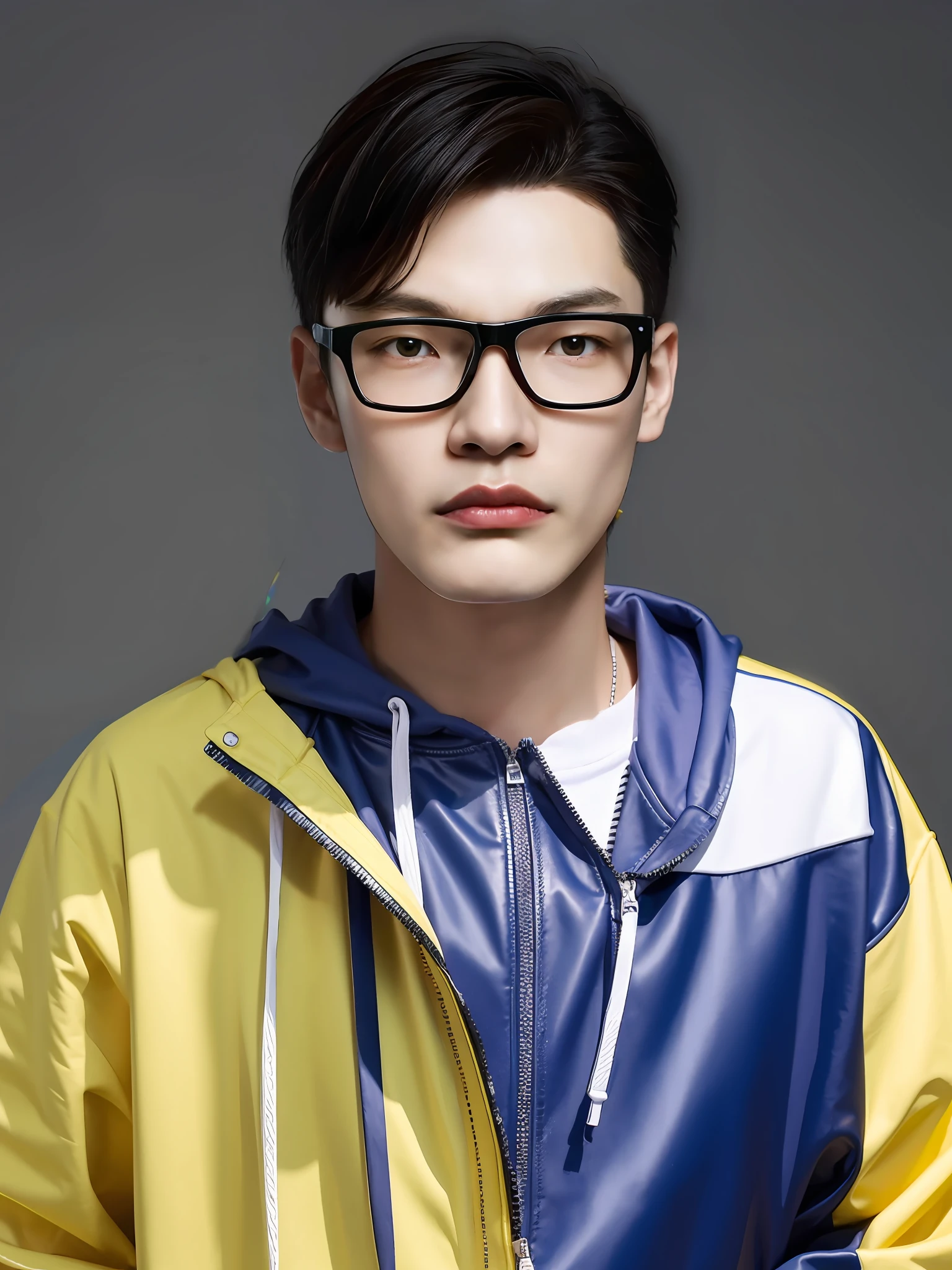 A Chinese male high school student，Wear a PVC casual sweatshirt，There are zippers