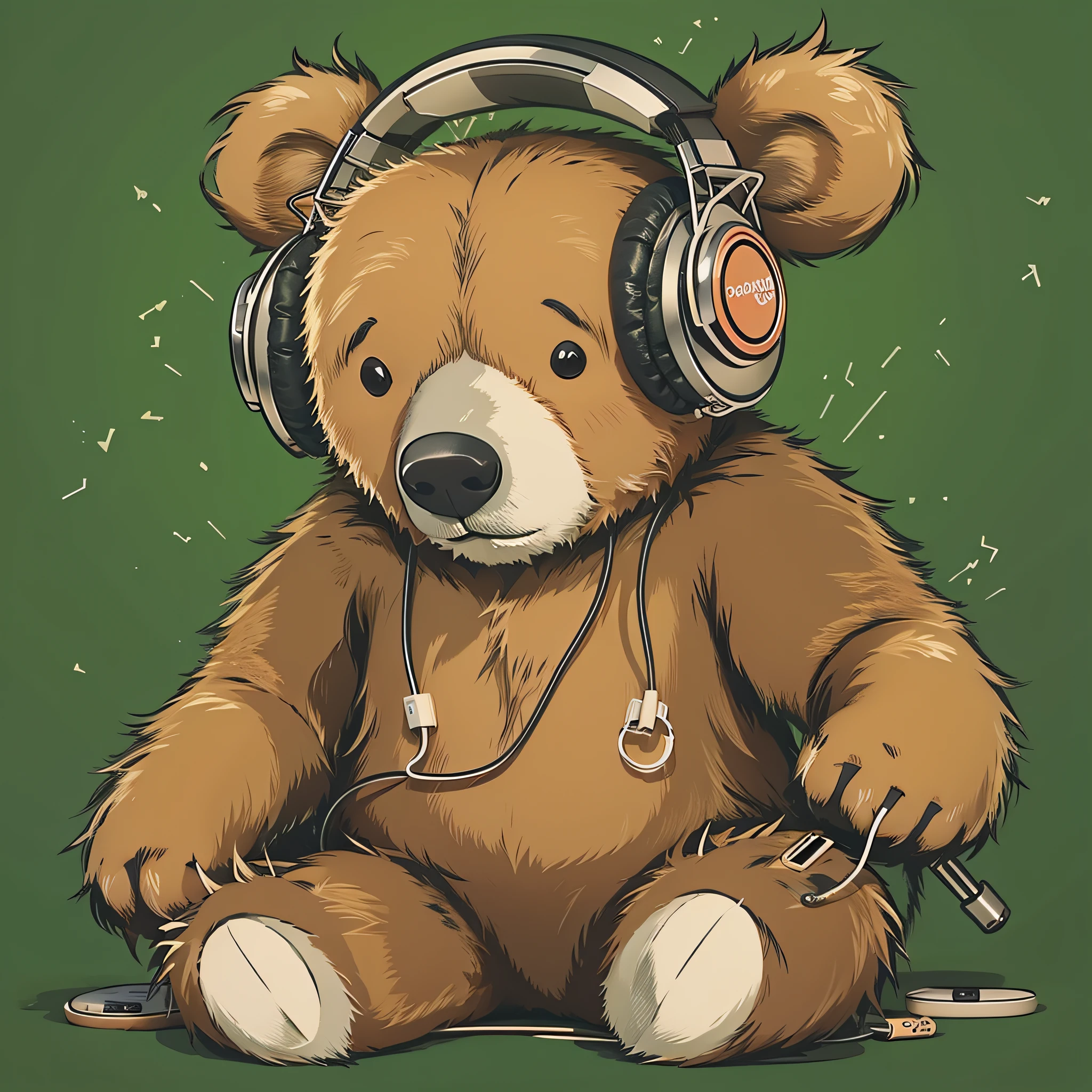 Cartoon bear wearing headphones，hyper HD，vectorial，tidal current