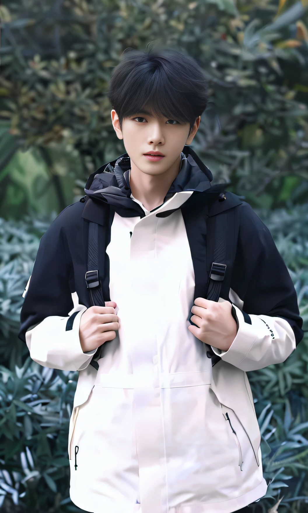 Alafard man in white jacket and black pants carrying a backpack, Inspired by Zhang Han, Cai Xukun, Kim Do-young, Inspired by Bian Shoumin, Inspired by Xiao Yuncong, yihao ren, yanjun cheng, jinyiwei, inspired by Huang Gongwang, xintong chen, Jacket, wearing japanese techwear