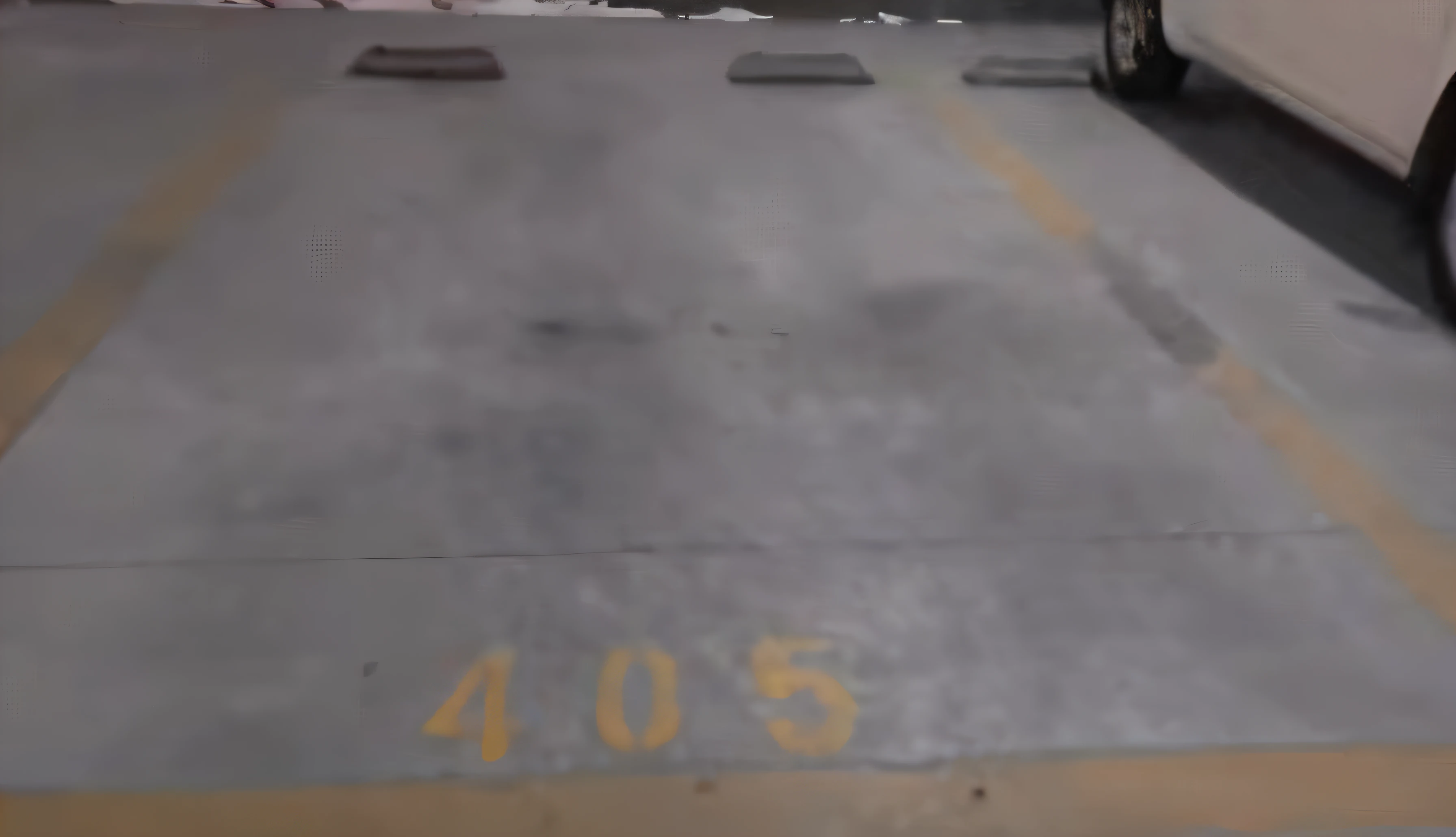 There was a white car parked in the parking lot,There is a yellow line, Top-down photos at 45 degrees, 45 degrees from the side, Located in the parking lot, parking lot, standing in a parking lot, high-angle view,(Do not change the size and color of the parts of the picture)