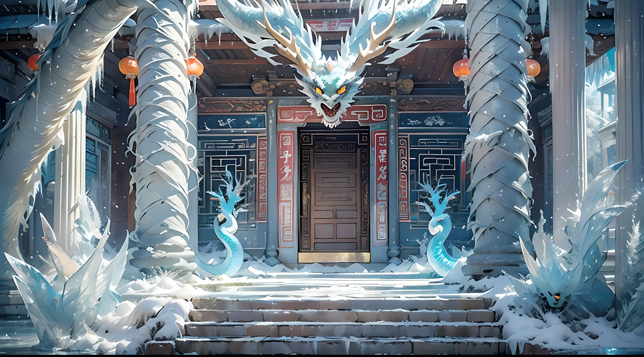 A magical world, (((transparent building)))，(Floating in the sky：1.5)，(White clouds on the ground:1.5)，(((Crystal tiles)))，(((crystal column)))，（（（Crystal wall）））(((The pillars are carved with Chinese dragons)))，Nice colorful light decoration, (icey)，(Frozen Palace:1.5)，best qualtiy，tmasterpiece, 8k 辛烷值渲染, Photorealistic, Cinematic lighting, detailed building, The art of detail carving，Chinese Ancient Architecture，