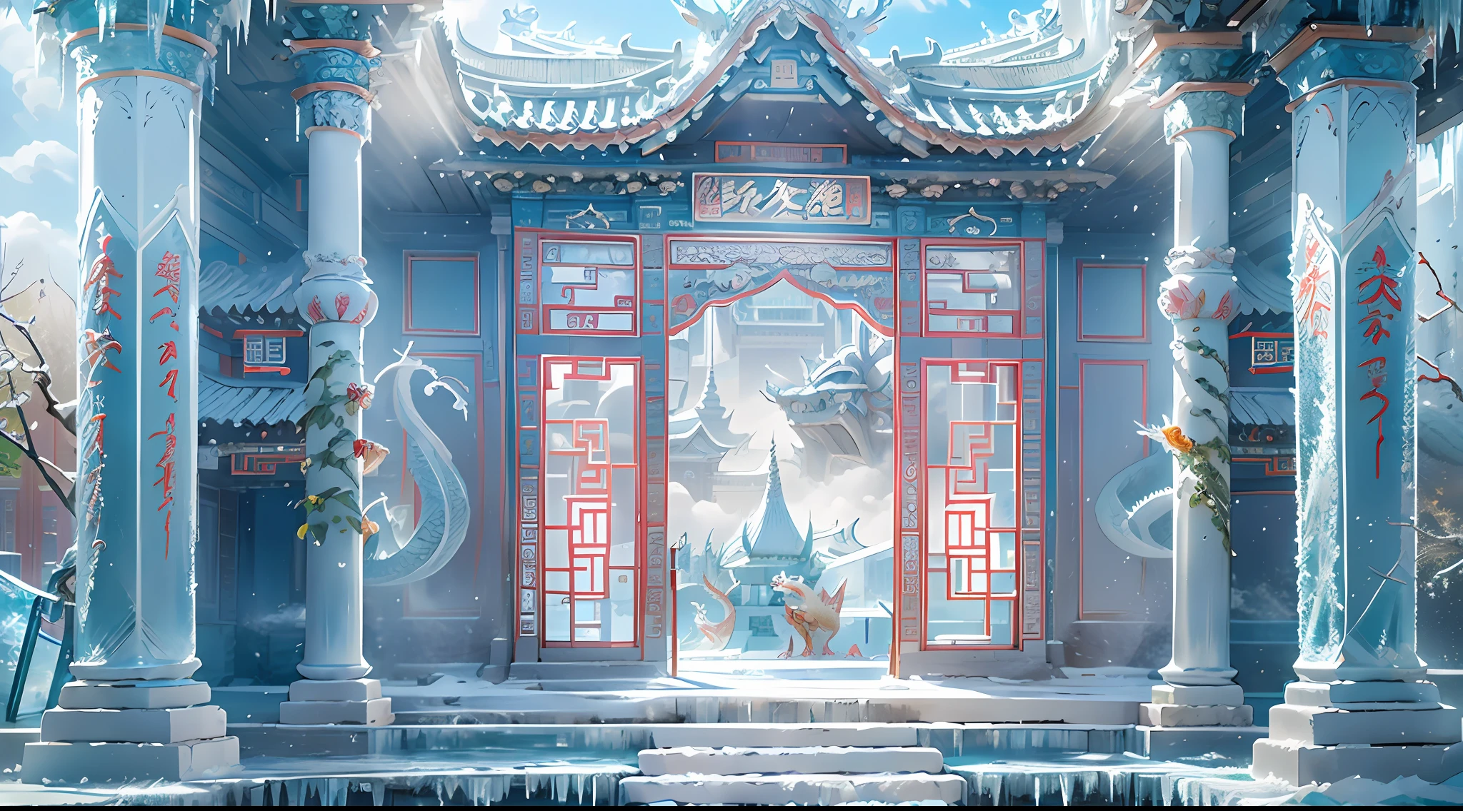 A magical world, (((transparent building)))，(Floating in the sky：1.5)，(White clouds on the ground:1.5)，(((Crystal tiles)))，(((crystal column)))，（（（Crystal wall）））(((The pillars are carved with Chinese dragons)))，Nice colorful light decoration, (icey)，(Frozen Palace:1.5)，best qualtiy，tmasterpiece, 8k 辛烷值渲染, Photorealistic, Cinematic lighting, detailed building, The art of detail carving，Chinese Ancient Architecture，