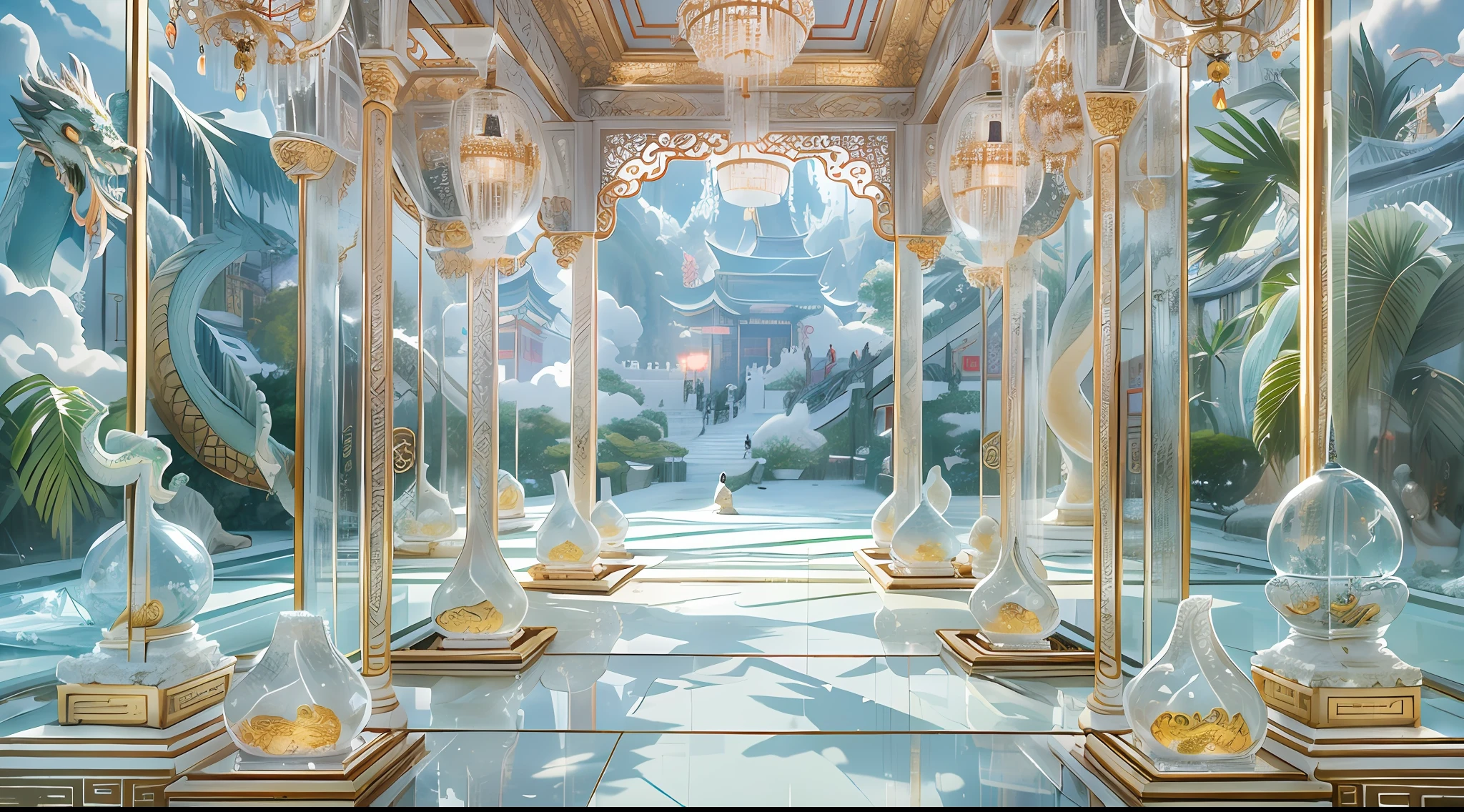 A magical world, (((transparent building)))，(Floating in the sky：1.5)，(White clouds on the ground:1.5)，(((Crystal tiles)))，(((crystal column)))，（（（Crystal wall）））(((The pillars are carved with Chinese dragons)))，Nice colorful light decoration, (icey)，(Frozen Palace:1.5)，best qualtiy，tmasterpiece, 8k 辛烷值渲染, Photorealistic, Cinematic lighting, detailed building, The art of detail carving，Chinese Ancient Architecture，