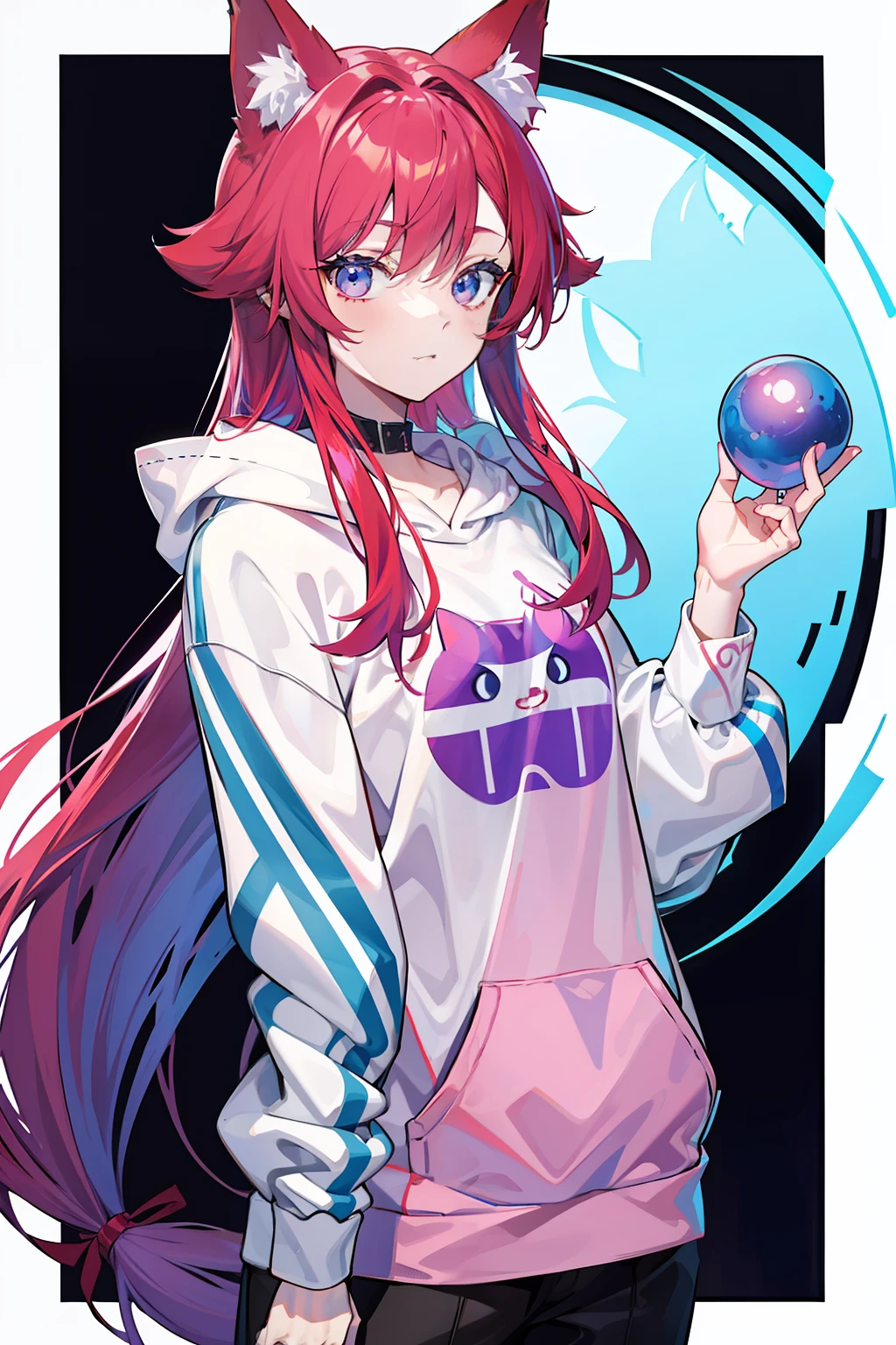 Kizi,Rosy red purple hair,blueneyes,fox ear,modern attire,full bodyesbian,Blue sweatshirt,long whitr hair,Qi bangs,Set the chart,Handsome