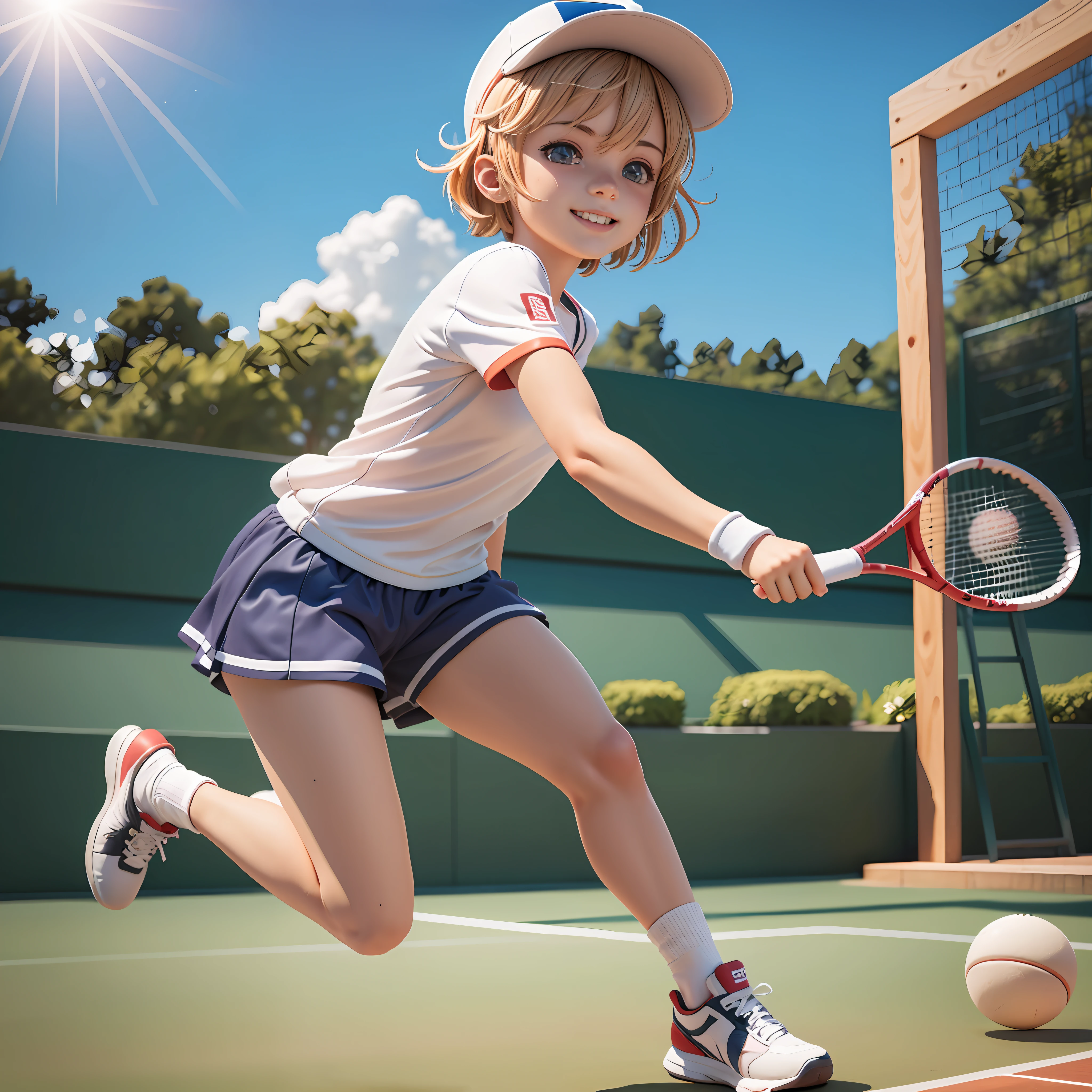 A boy plays tennis at a tennis court, short hair, sportswear, light smile, athletes, stadium, OC renderer, C4D, Blind box, cute 3d anime boy rendering, perfect lighting, Character's whole body, Visor cap, sneakers, pop mart style art SFW, (masterpiece:1,2), best quality, masterpiece, original, extremely detailed wallpaper, perfect lighting,(extremely detailed CG:1.2),