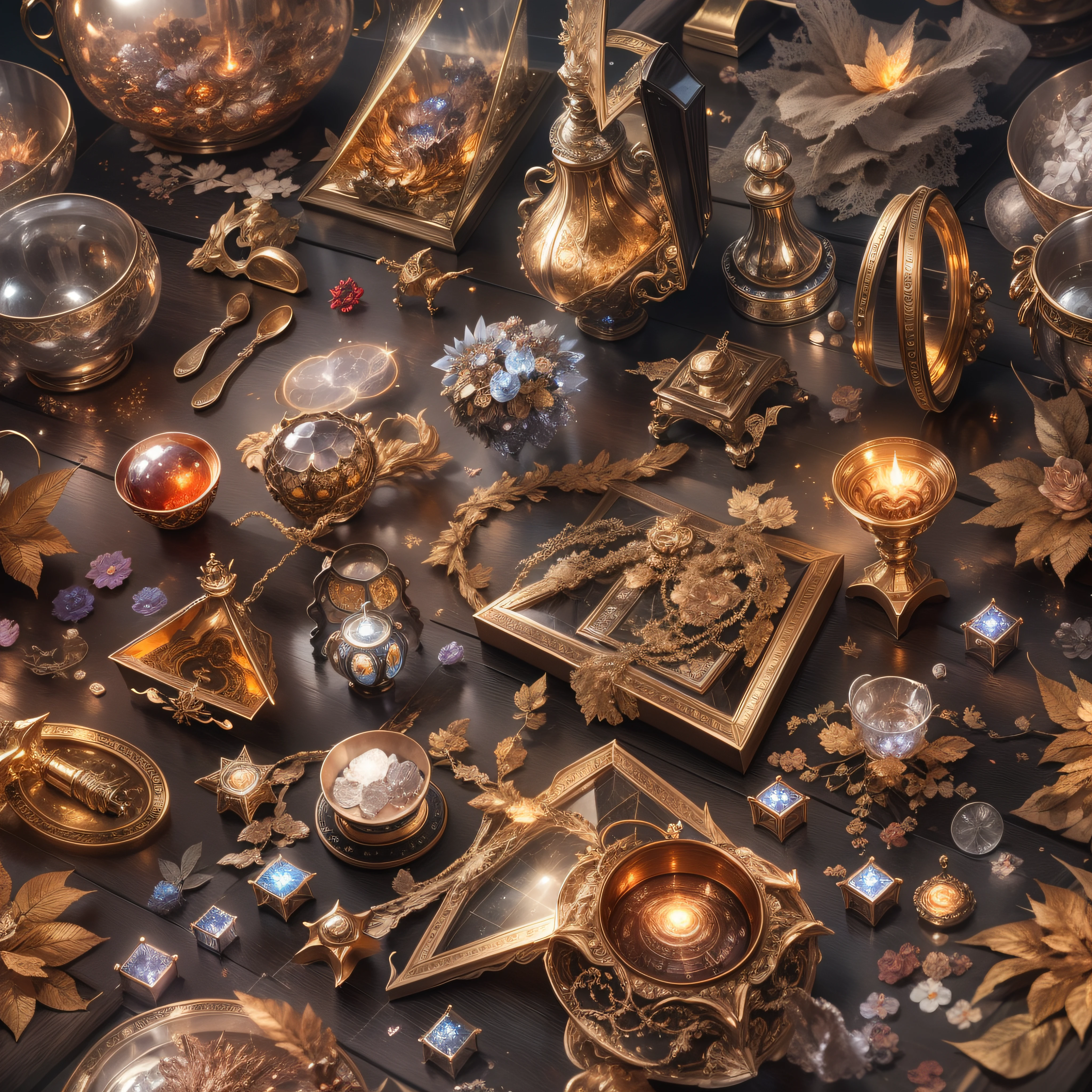 in the style of futuristic,(Full Focus),Antiques on the tabletop,Jewelry on the tabletop,Crystal gemstone on tabletop,Gold and silver products,Magic symbols,Magic light particle effect,high - tech,Luxury, High-value jewelry,,High-value metals,luxury goods,Puzzles are prohibited, Detailed and complex background, glittery, reflective light, hyper HD, Award-Awarded, A high resolution, High detail, Chiaroscuro, Cinematic lighting, Masterpiece, Ray traching,structurally correct, Super detail, High quality, High details, Best quality, 16k