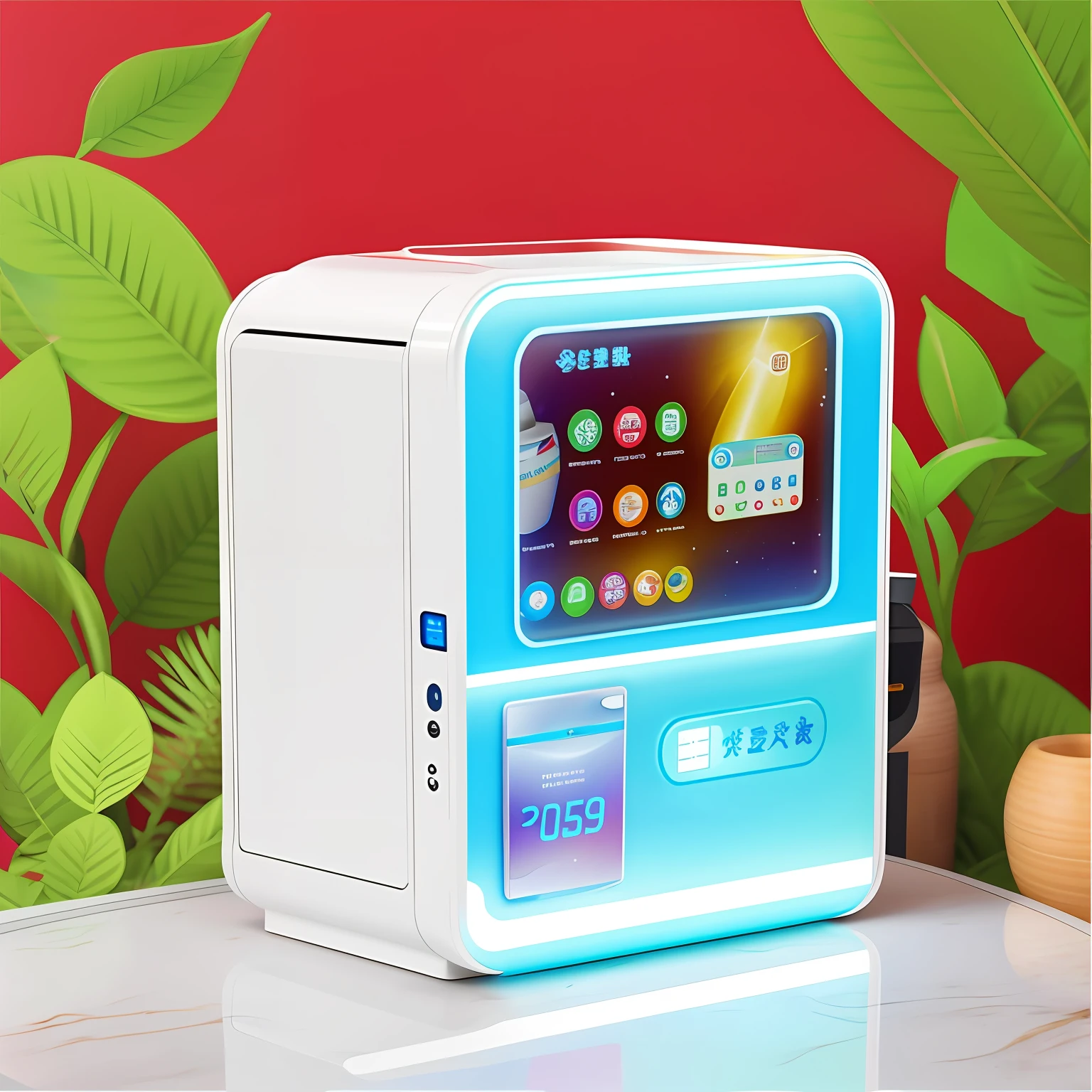 a close up of a small machine with a display on it, vending machine, sci-fi vending machine, sci-fi vending machine, diaper disposal robot, commercial washroom hand dryer, vending machines, 480p, 4 8 0 p, full device, Digital display, holographic case display, electronic case display, shenzhen, Official product image, digital ui