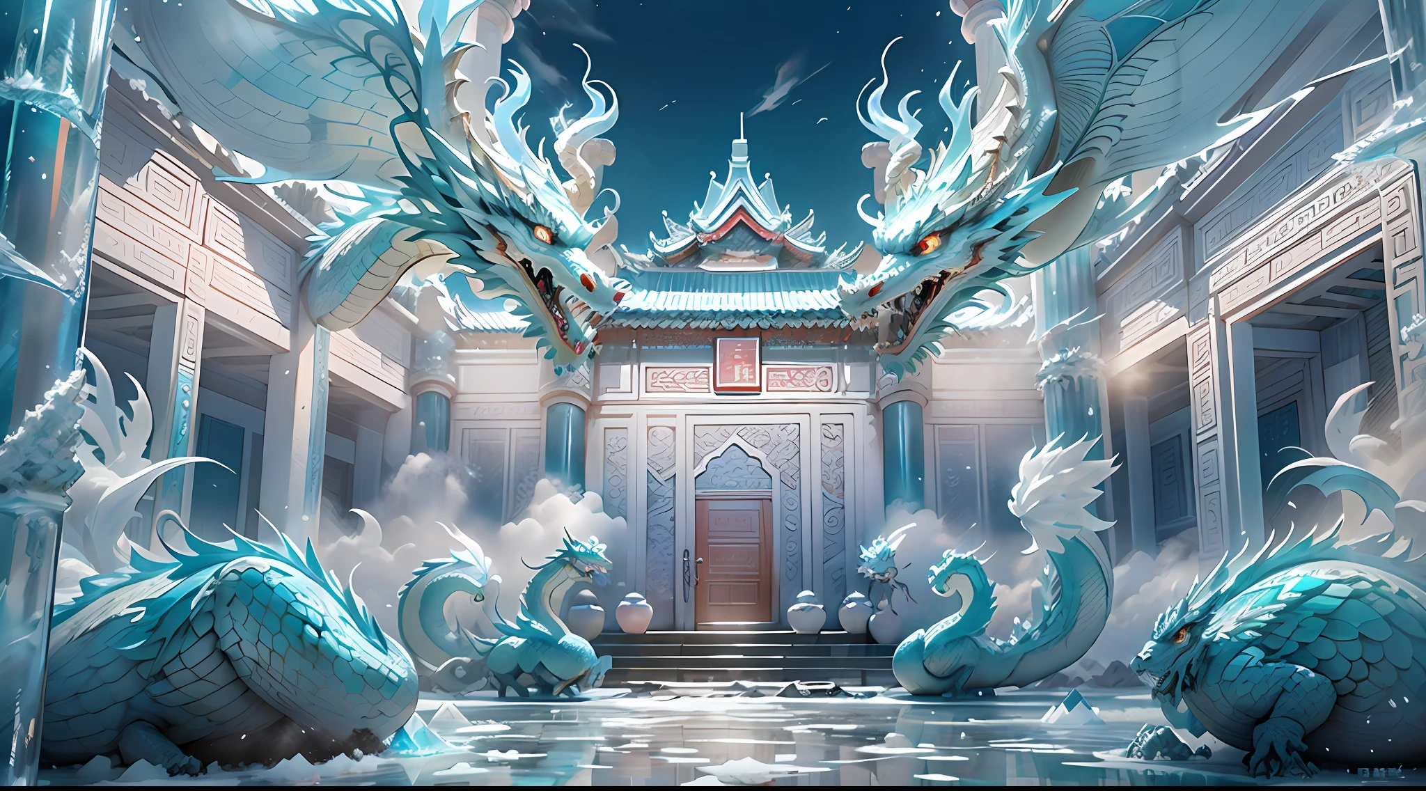 A magical world, (((transparent building))),(Floating in the sky:1.5),(White clouds on the ground:1.5),(((Crystal tiles))),(((crystal column))),(((Crystal wall)))(((The pillars are carved with Chinese dragons))),Nice colorful light decoration, (icey),(Frozen Palace:1.5),best qualtiy,tmasterpiece, 8k 辛烷值渲染, Photorealistic, Cinematic lighting, detailed building, The art of detail carving,Chinese Ancient Architecture,