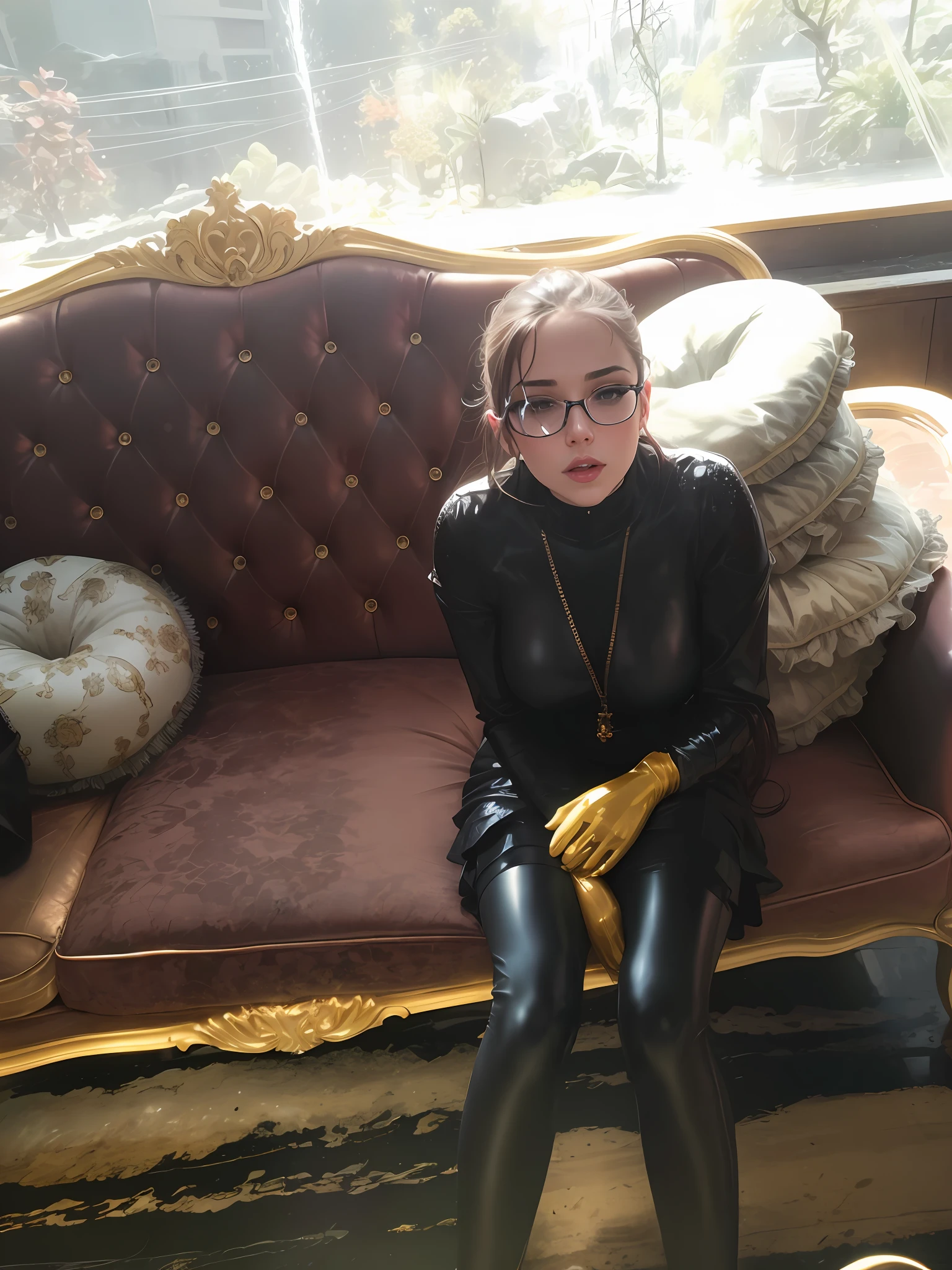 A woman who is,under the water,full bodyesbian,latex body suit,Black latex long gloves,Latex knee socks,high-heels,full bodyesbian,frontage,UHD,tmasterpiece,super detailing,best qualtiy,anatomy correct, depth of field