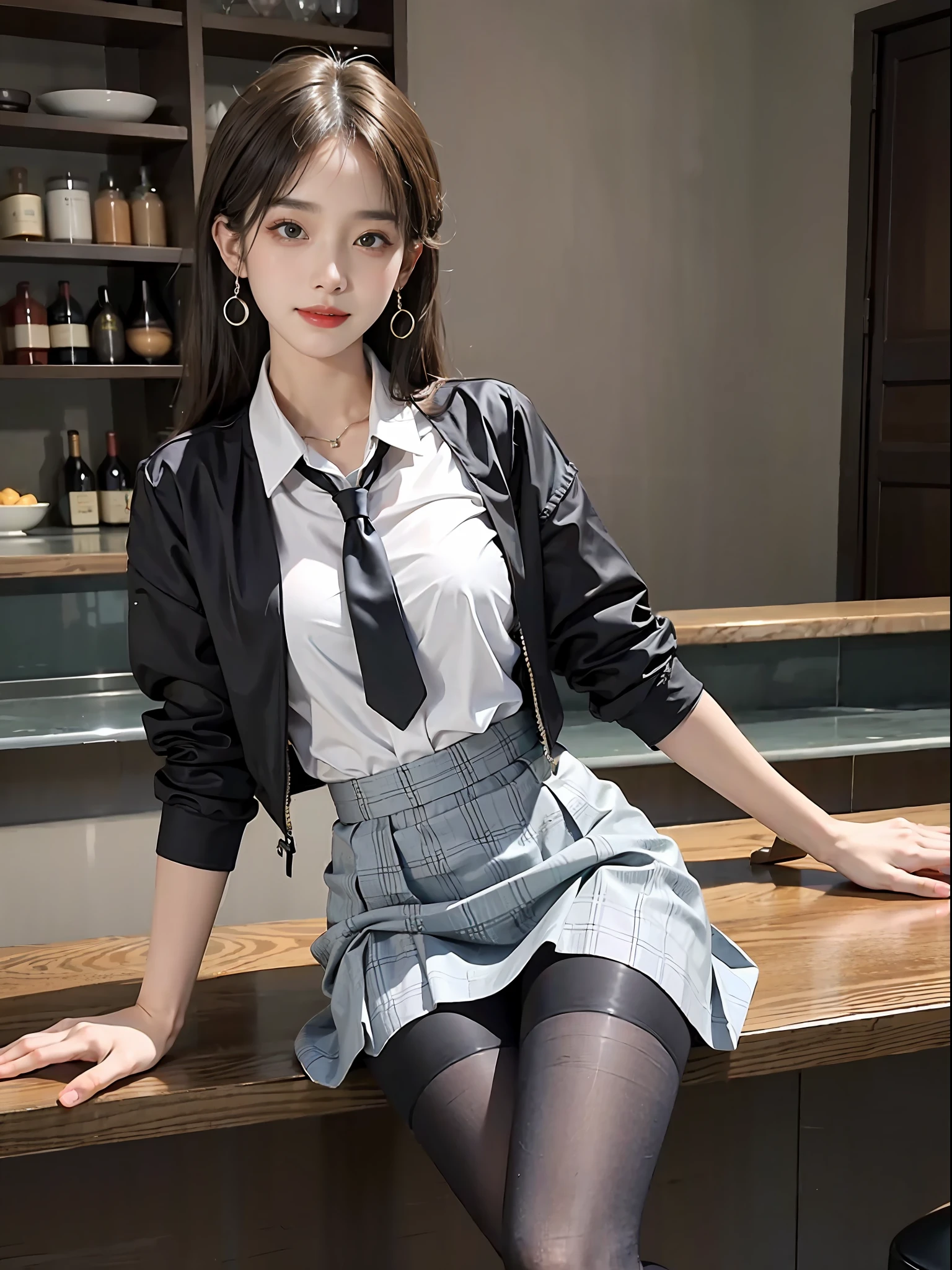 Exquisite, masterpiece, beautiful details, colorful, delicate details, delicate lips, intricate details, large breasts, 1 female, (a beautiful 20-year-old cute Korean woman: 1.1), (kpop idol, Korean mixed), (50mm Sigma f/1.4 ZEISS lens, F1.4, 1/800s, ISO 100, photograpy:1.1), (brunetize: 1.2), (photorealistic:1.4 ), (SPY:1.2), (Open Jacket,Shirt, Skirt,Tie,Black Pantyhose,Christian Louboutin\(Brand\),:1.3), Earrings, Necklace, Armbands, (Tavern, Bar:1.2), (Beautiful Legs, High Girl, Skinny, slim_legs, thigh_gap, Model:1.2), Lens flare, viewed from the front, (Happy smile: 1.1), dynamic pose, (makeup: 1.2), sitting on a bar stool,