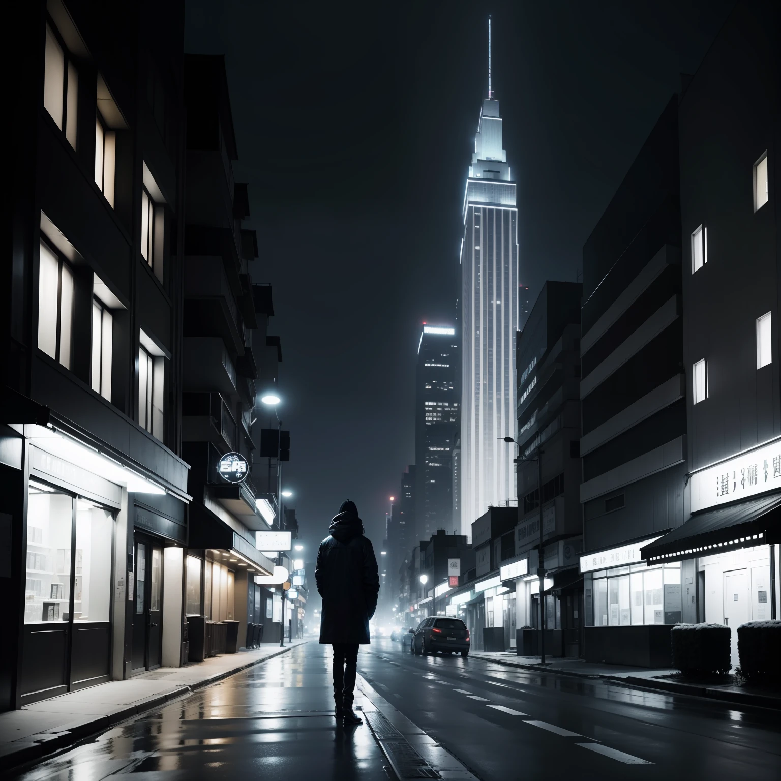 the night,Cold silence,tall house,lumnious,Lonely pedestrian,criando um contraste impressionante。