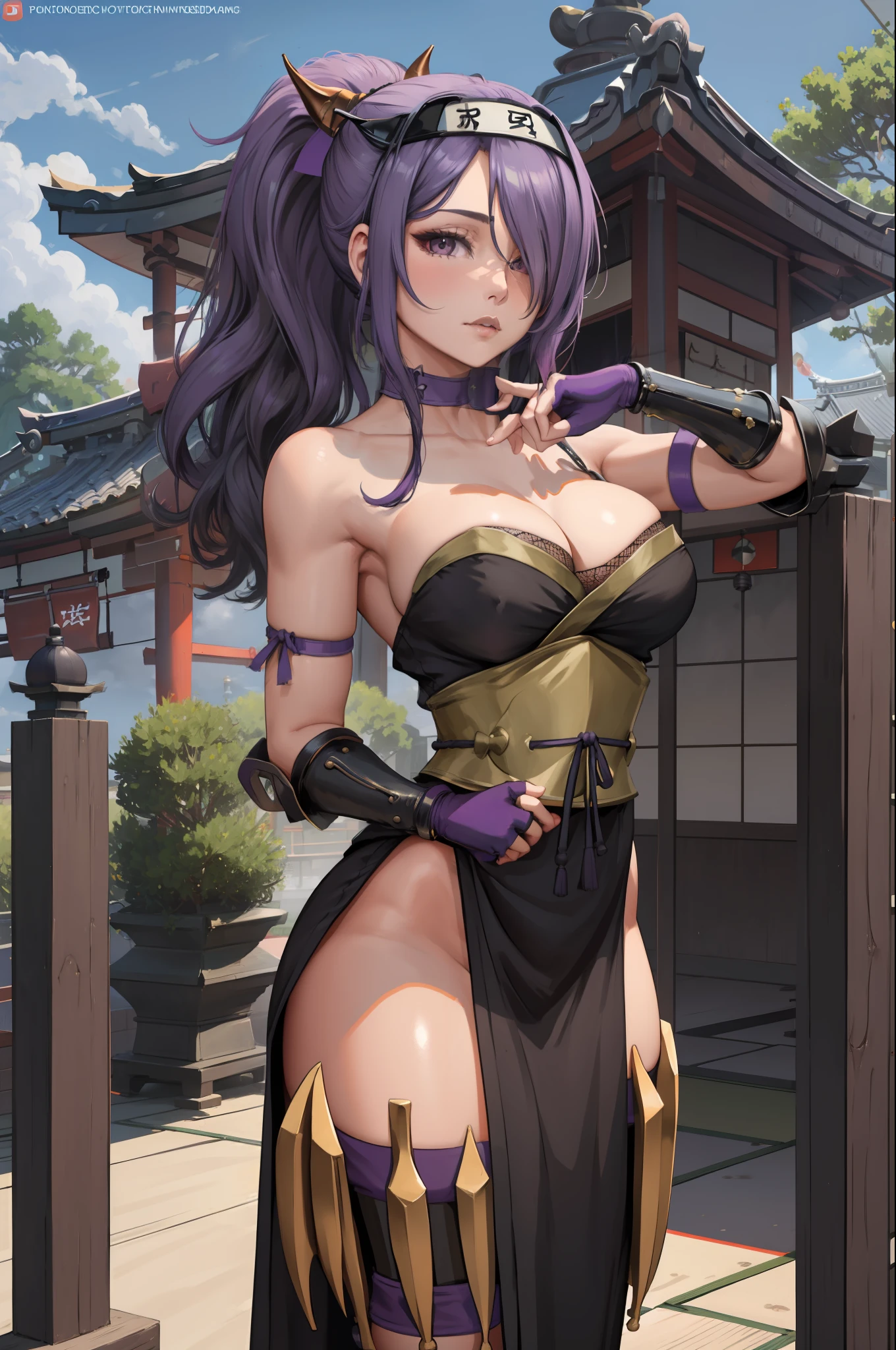 masterpiece, best quality, ninCamilla, ponytail, choker, forehead protector, japanese clothes, strapless, fingerless gloves, sash, fishnets, pelvic curtain, tabi, looking at viewer, standing, sun, field, pagoda, japanese architecture