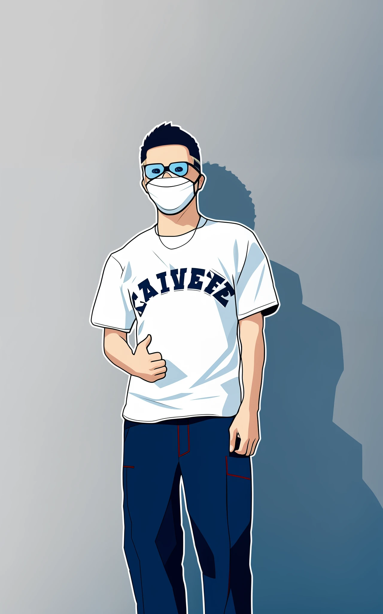 Caricature of a man wearing a mask and a T-shirt, wearing a tee shirt and combats, Male teenager, wearing a tshirt, wearing face mask, Wearing a mask, wearing face mask, masked, 2022 anime style, 2 0 2 2 anime style, wearing facemask and sunglasses, wearing pants and a t-shirt, full body mascot