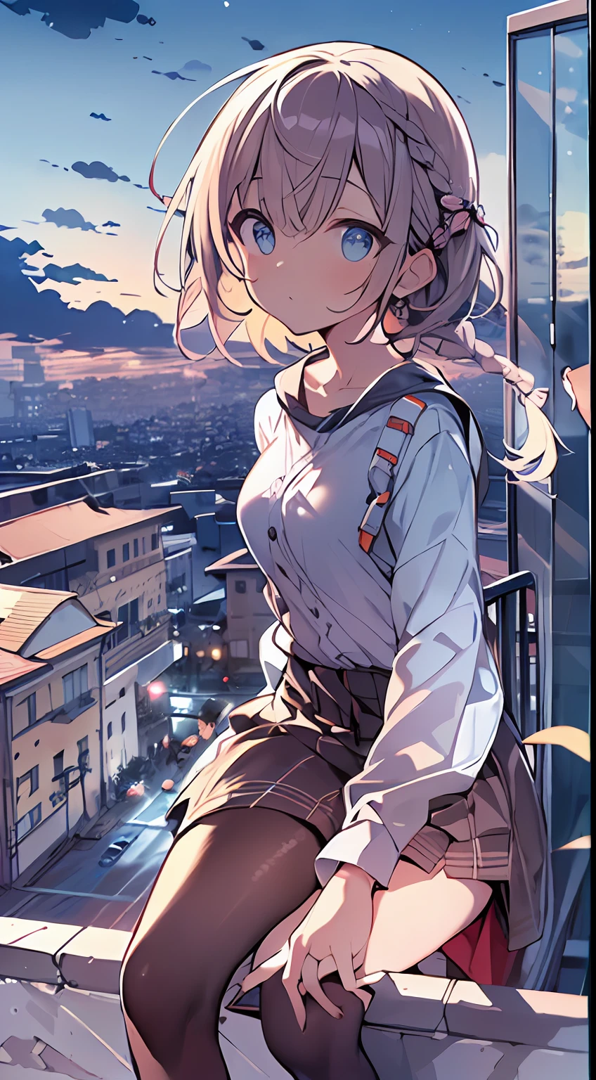 masutepiece, Best Quality,Illustration, Wallpaper, Ultra Detail, absurderes, 1loli, Solo, (Medium short hair、short braided hair), Beautiful detailed eyes , (Street), luminous sky,(a panoramic view:1.3),(Sense of depth:1.5),(longshot:1.3)