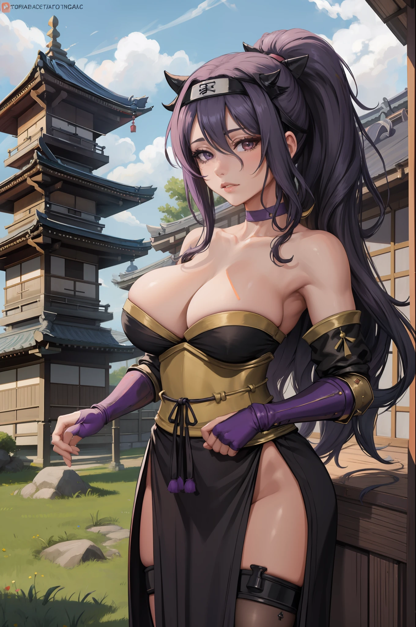 masterpiece, best quality, ninCamilla, ponytail, choker, forehead protector, japanese clothes, strapless, fingerless gloves, sash, fishnets, pelvic curtain, tabi, looking at viewer, standing, sun, field, pagoda, japanese architecture