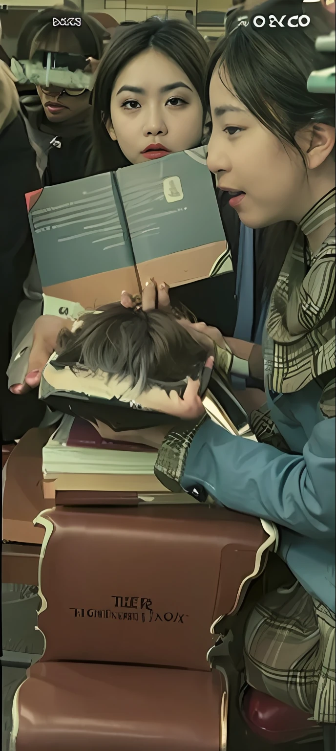 There were two people sitting on the bench，Holding a box of food, holding a giant book, he is holding a large book, very very low quality picture, low quality photo, coloured photo, [ Realistic photo ]!!, many copies of them, yearbook photo, video still, all from the group nct, blurry photo, low quality photo, scenic full shot