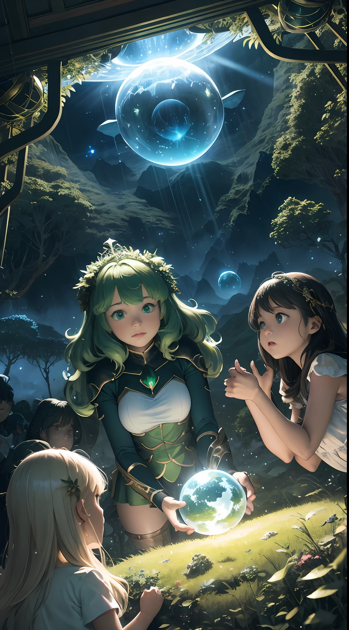 "Join a thrilling adventure with a group of brave children as they navigate through a mystical forest teeming with enchanted beings and wondrous encounters." A giant mirror sphere floating in space, flickering lights, sad hamster lost (heaven like green fields surrounded by high mountains and clouds:1.3), particles in the air, god rays, stars in the background, intricate fractals, detailed, (illustration), masterpiece, high resolution, best quality.