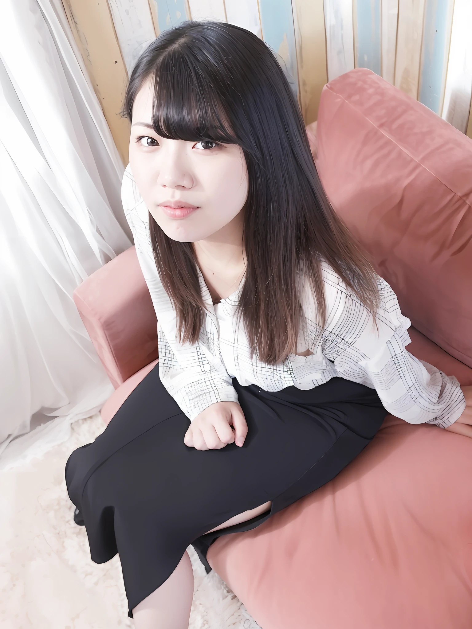 There is a woman sitting on a sofa in a pink chair, taken with canon 8 0 d, chiho, taken with a canon eos 5 d, 奈良美智, reluvy5213, taken with canon eos 5 d mark iv, taken with a canon eos 5 d, taken with a canon eos 5d
