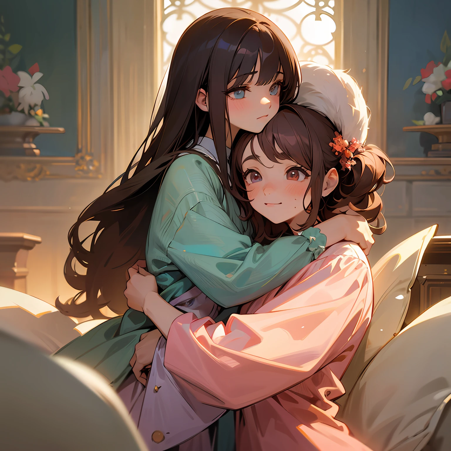 A high resolution,ultra - detailed,offcial art,Beauty and aesthetics,tmasterpiece,best qualtiy,The is very detailed,Variegated,Most details、Shining eyes、Detailed eyes、face perfect、mistic、brunette color hair、pyjamas、atLibrary、Hugging each other、two people staring at each other、laughingly、Make a worried face、Red blush