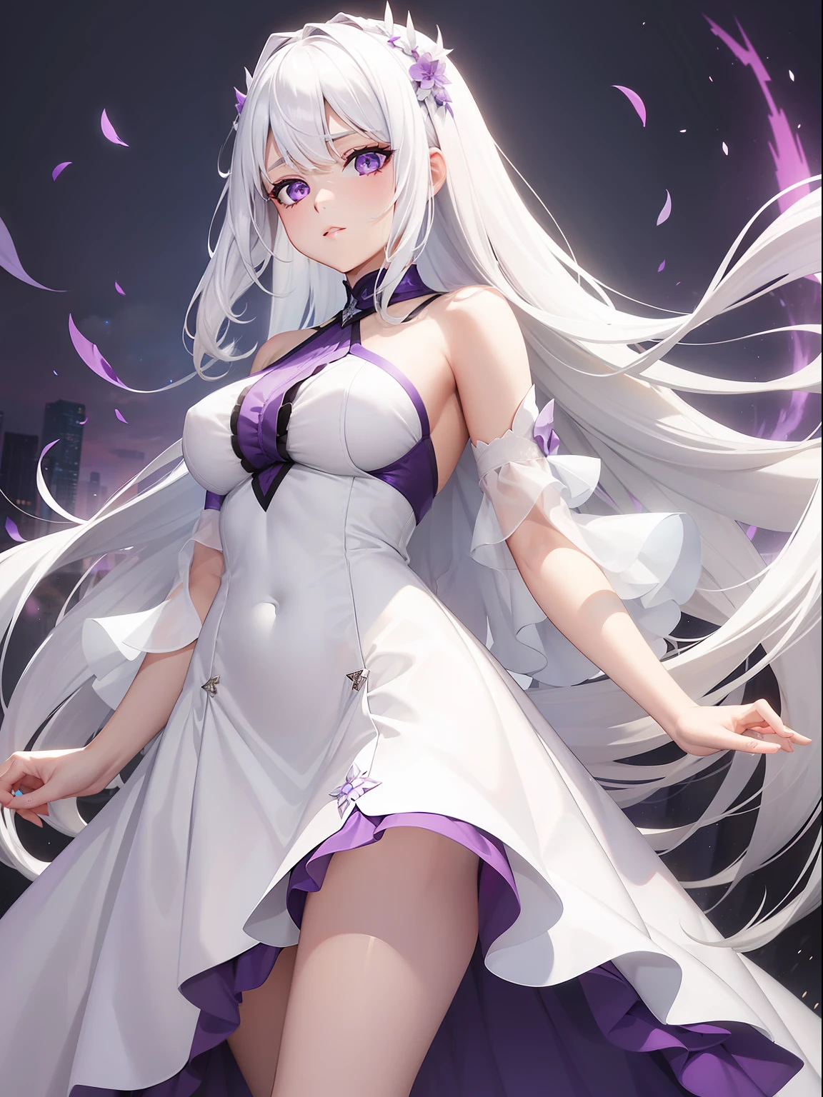 a women, white hair, purple eyes, white dress
