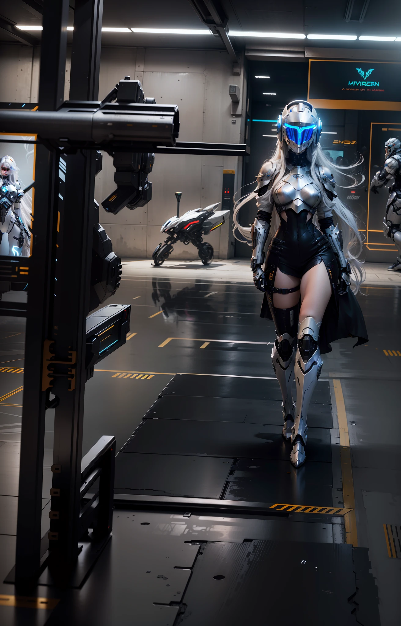 Sexy cyberpunk female knight,long white hair,High-tech white all-inclusive helmet,Biomechanicals, MSHN Robot Man,High-tech helmet,hyper realisitc, Steel, Complex design, insanely details, finely detailled, Extremely clear lines, cinmatic lighting, photograph realistic, A detailed masterpiece