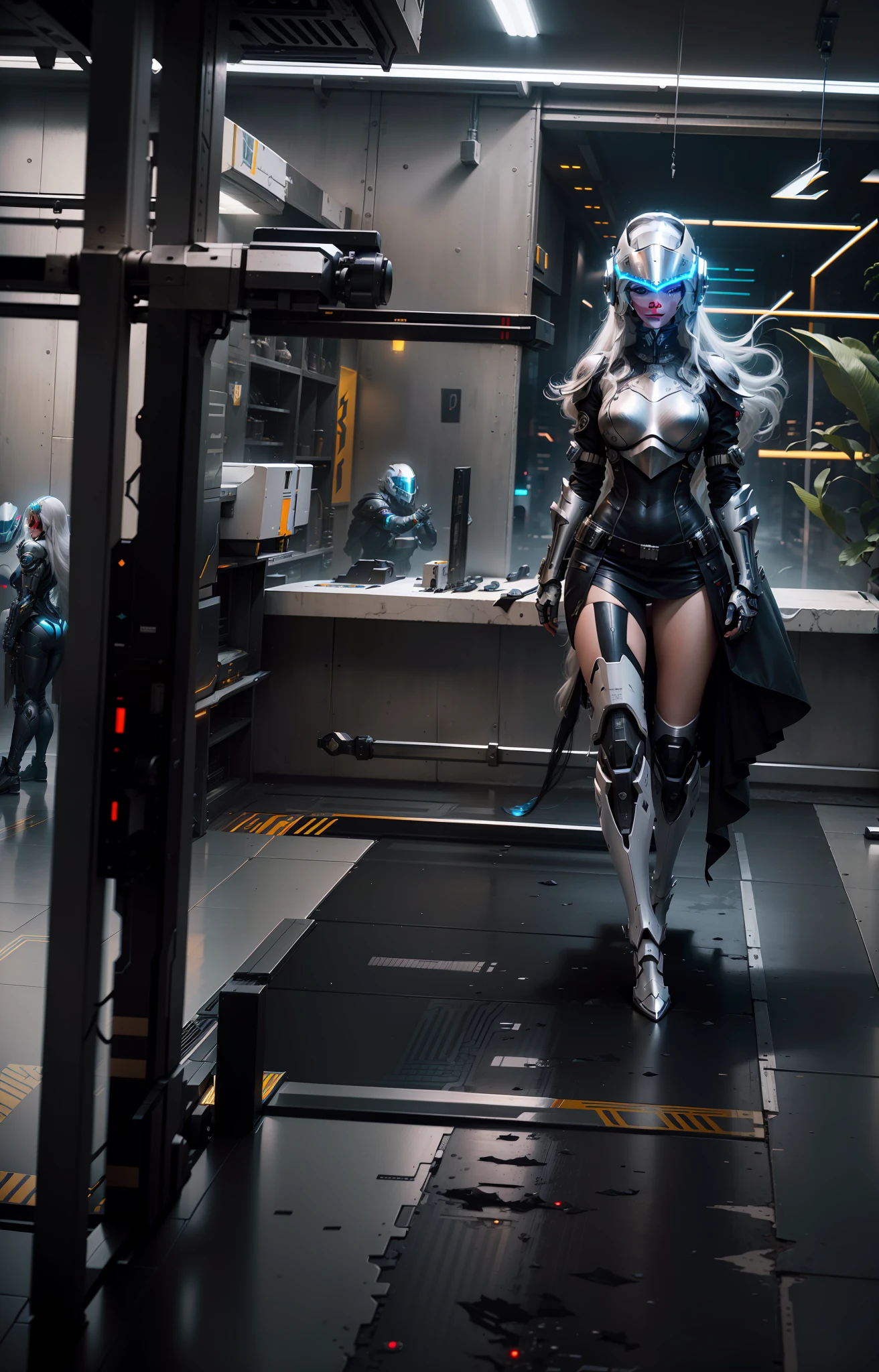 Sexy cyberpunk female knight,long white hair,High-tech white all-inclusive helmet,Biomechanicals, MSHN Robot Man,High-tech helmet,hyper realisitc, Steel, Complex design, insanely details, finely detailled, Extremely clear lines, cinmatic lighting, photograph realistic, A detailed masterpiece