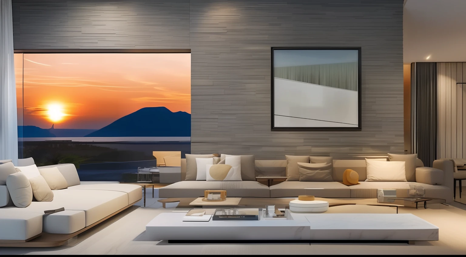 Modern living room at sunset，sense of science and technology，Slate background wall，Bright，Decorative painting，sofe，Floor lamp，Wool carpets，Luxurious stone coffee table，sit single sofa，Screens，Floor-to-ceiling windows，Great view