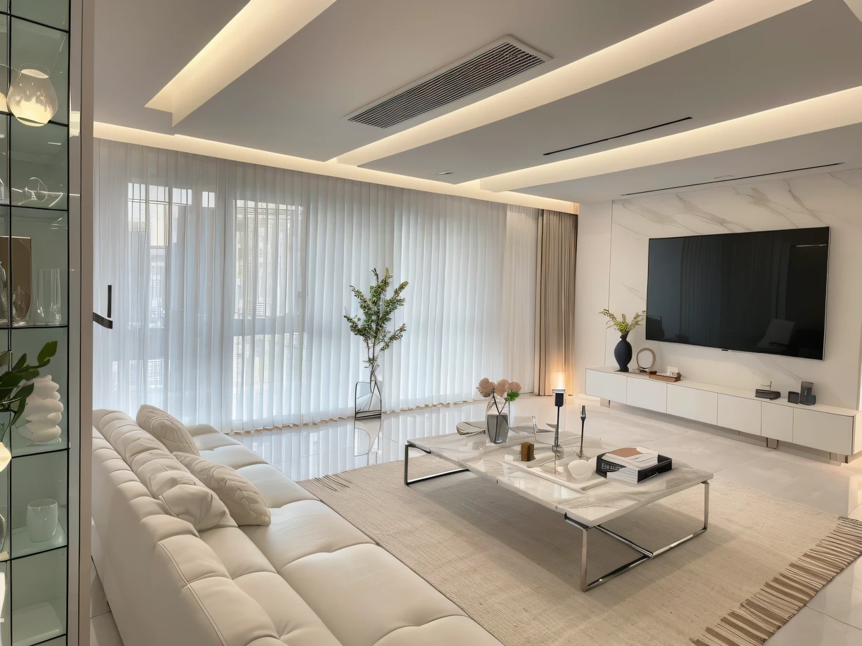 ,Masterpiece, Best quality,8K, 超高分辨率,Reallightandshadow,This living room interprets high-end luxury in a minimalist style。White marble walls extend throughout the space,Neat and pure。A row of clear glass display cases display priceless works of art,Shine brightly。Smart sensors on the armchair automatically adjust the angle and temperature according to the posture and needs of the human body,The ultimate comfort like never before。Be in the middle of it,It's like walking through the technical halls of the future,Every breath is filled with unknown surprises。