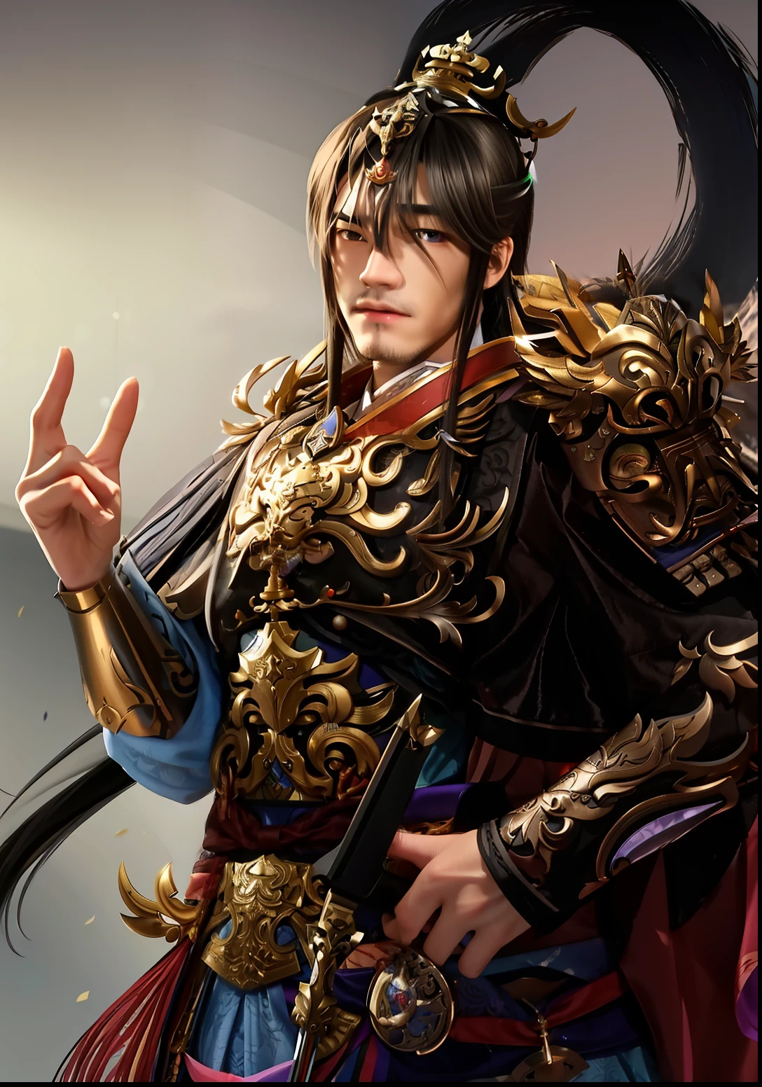 A man in armor holds a sword and points at something, bian lian, zhao yun, inspired by Li Kan, Inspired by Hu Zaobin, inspired by Park Hua, Inspired by Huang Shen, by Yang J, Chinese Warrior, heise jinyao, Inspired by Zhao Yuan, inspired by Zhang Wo, G Liulian art style, inspired by Wu Bin
