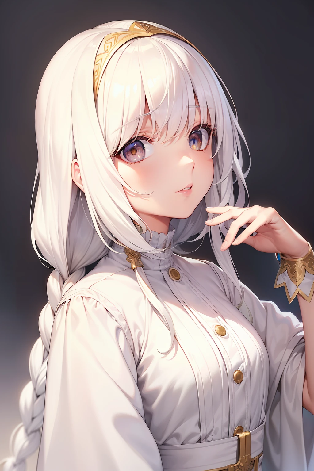 best quality, masterpiece,white hair, gold eyes,white clothes, looking up, upper body,hair strand,Fair skin,side braids